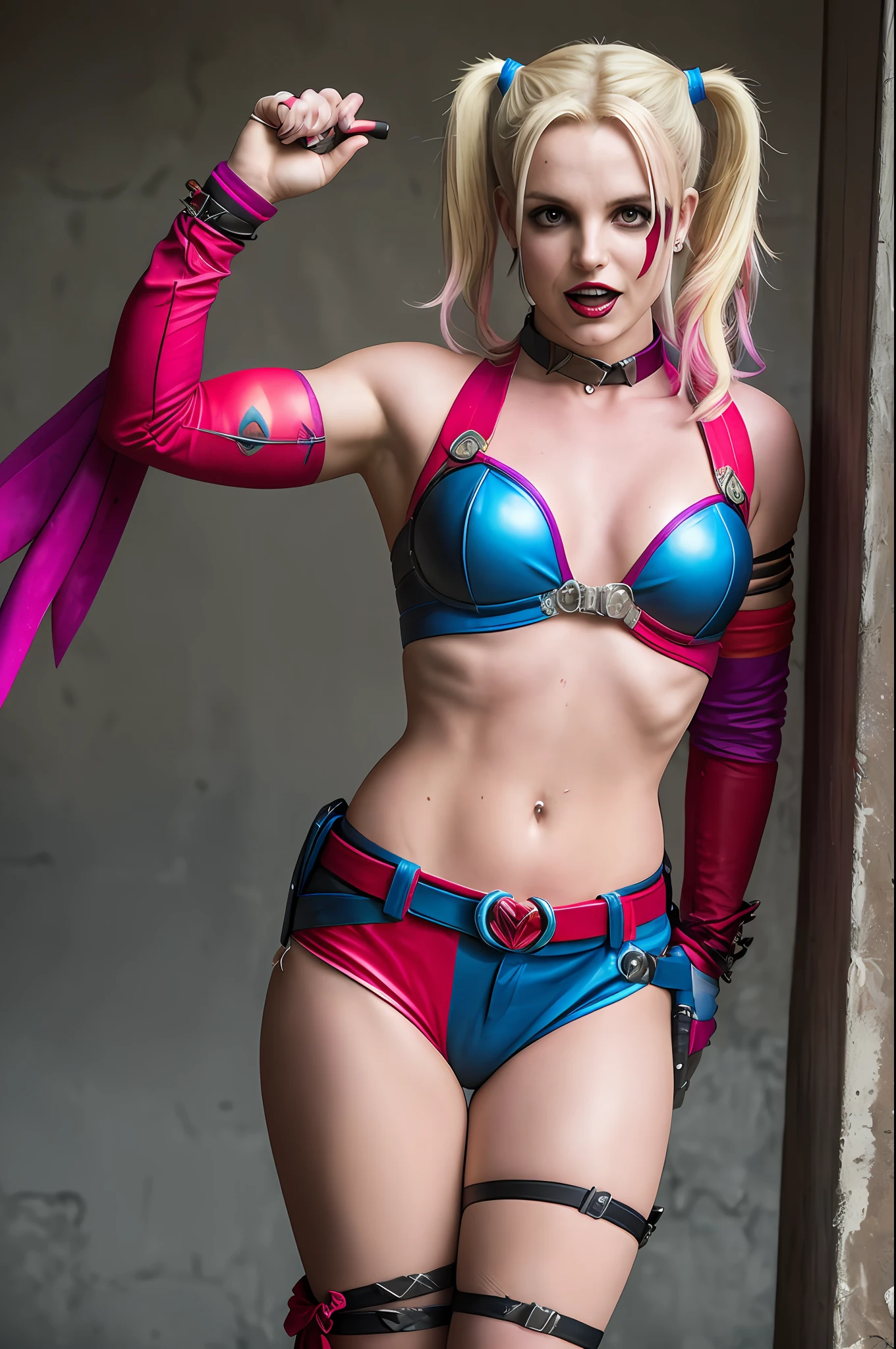 Britney Spears as Harley Quinn in Suicide Squad, full body, soft lighting, dynamic angle, realistic lighting, photo by Robert Adams, (natural skin texture, hyperrealism, soft light, sharp: 1.2), (intricate details: 1.12), hdr masterpiece, best quality, (highly detailed photo: 1.1), 8k, photorealistic, (SFW)