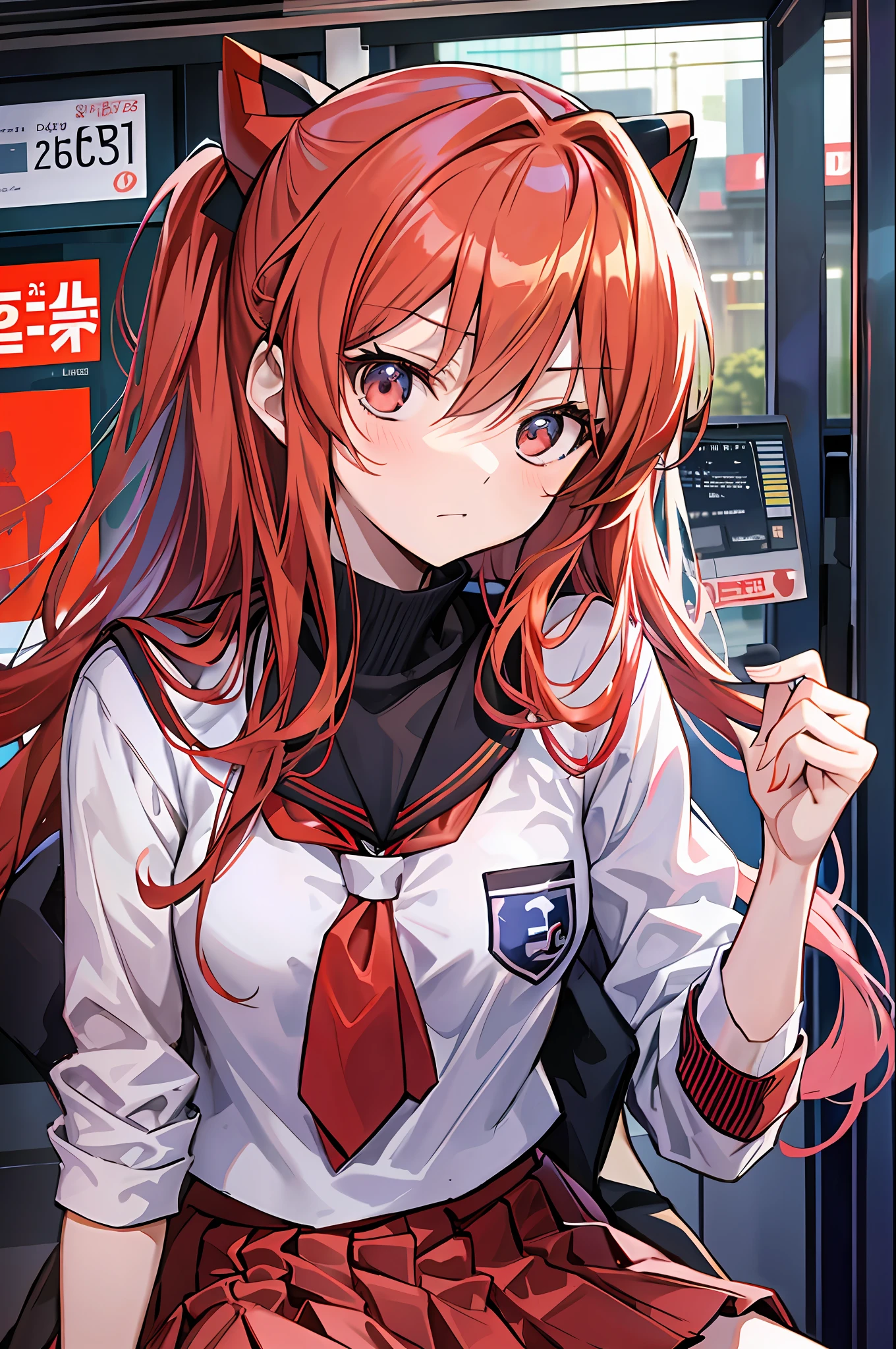 souryuu asuka langley, school uniform, jitome, ,subway station, sitting,looking at viewer, date a live, shy, disdain,