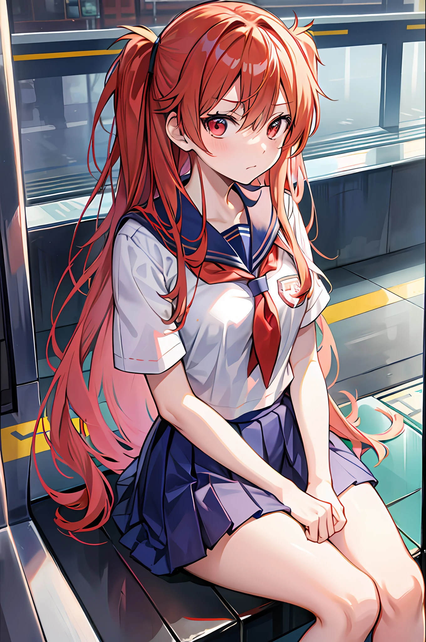 souryuu asuka langley, school uniform, jitome, ,subway station, sitting,looking at viewer, date a live, shy, disdain,