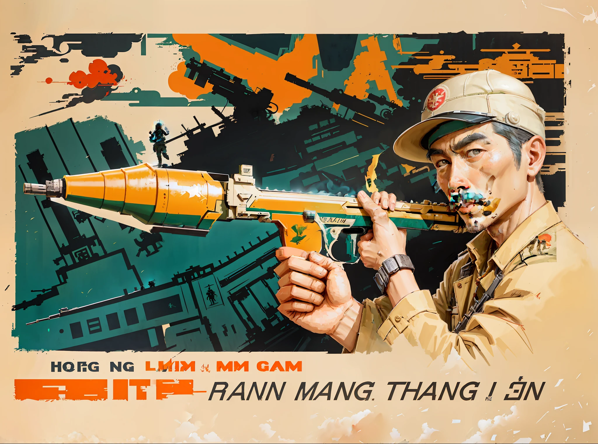 there is a poster with a man holding a gun in his hand, in style of lam manh, holding a rocket launcher, propaganda art, propaganda poster, by Yi Insang, do hoang tuong artwork, an army recruitment poster, artist unknown, dang my linh, old war poster, dang ngo, hoang lap, heavy vignette!