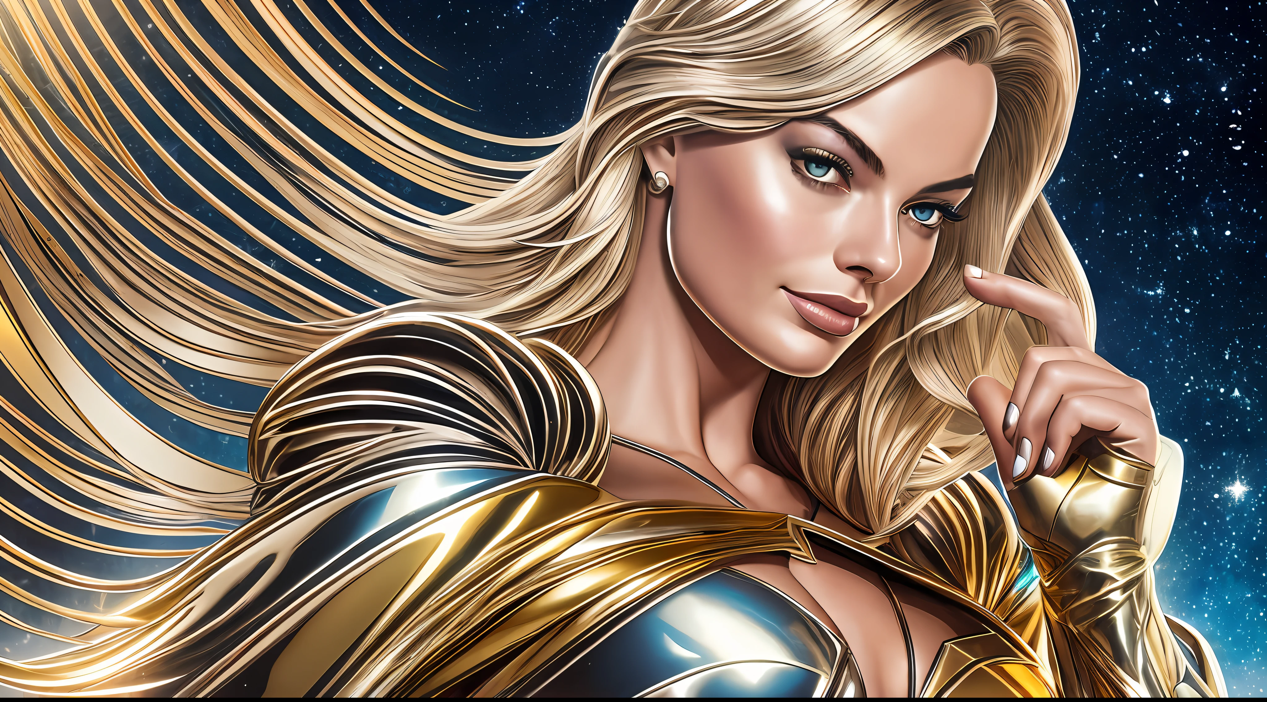 Margot Robbie beautifully in a silver and gold costume with a Superman symbol on her chest, Power Girl, Supergirl, Chris Moore. artgerm, beautiful comic art, extremely detailed artgerm, female superhero proportions, superhero body, high detail comic book art, artgerm julie bell beeple, dc comics art style, perfect anatomy, hands with 4 fingers and 1 thumb, rendered in 8K resolution for high quality detail, 8K image quality, 8K high resolution image,  hyper detailed, super realistic, intricate details  
Negative prompts --auto --s2