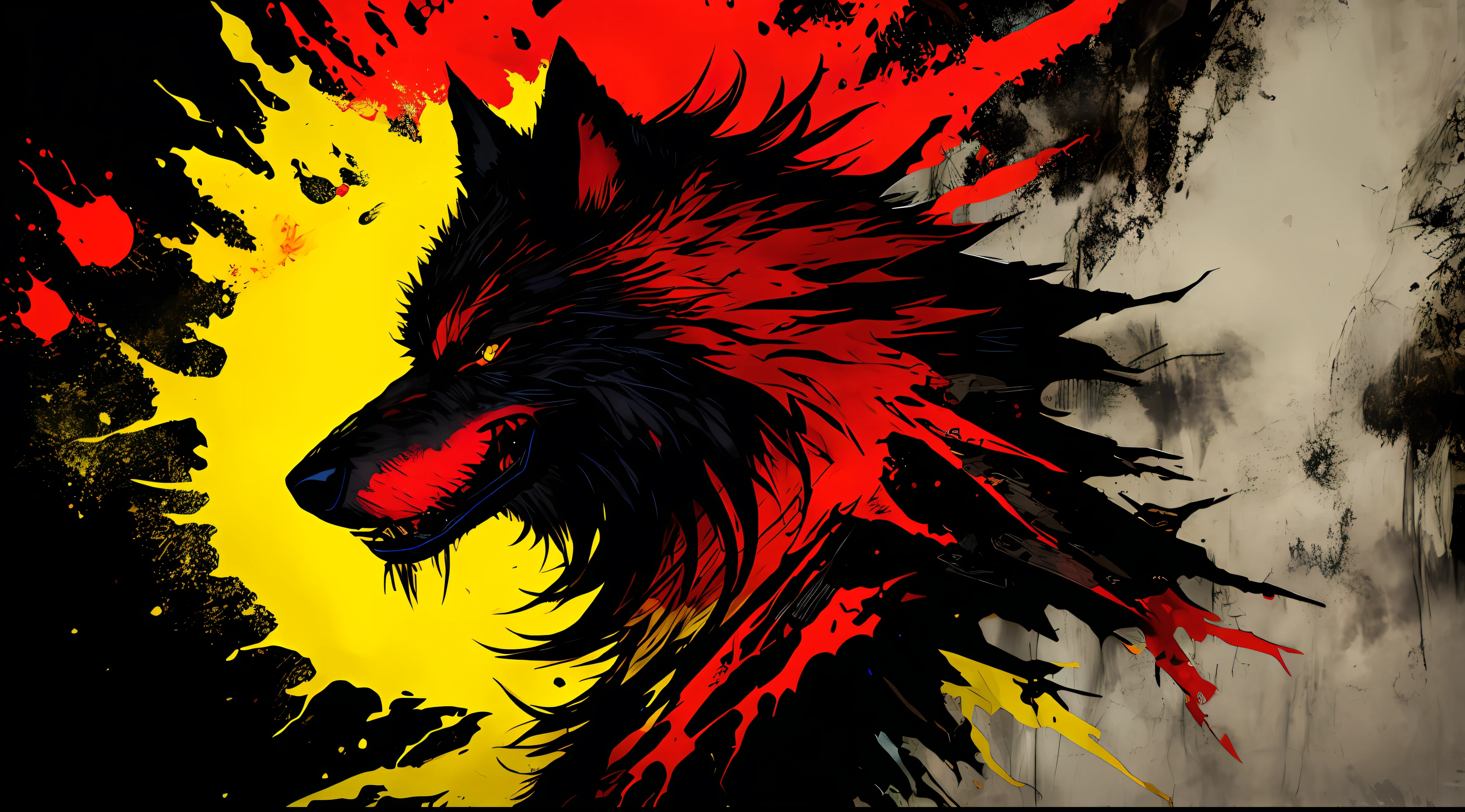 red, yellow and black, a monstrous wolf, in the style of Mork Borg, strong contrast, grunge dirty punk splash art, zine black metal, forest color splash background