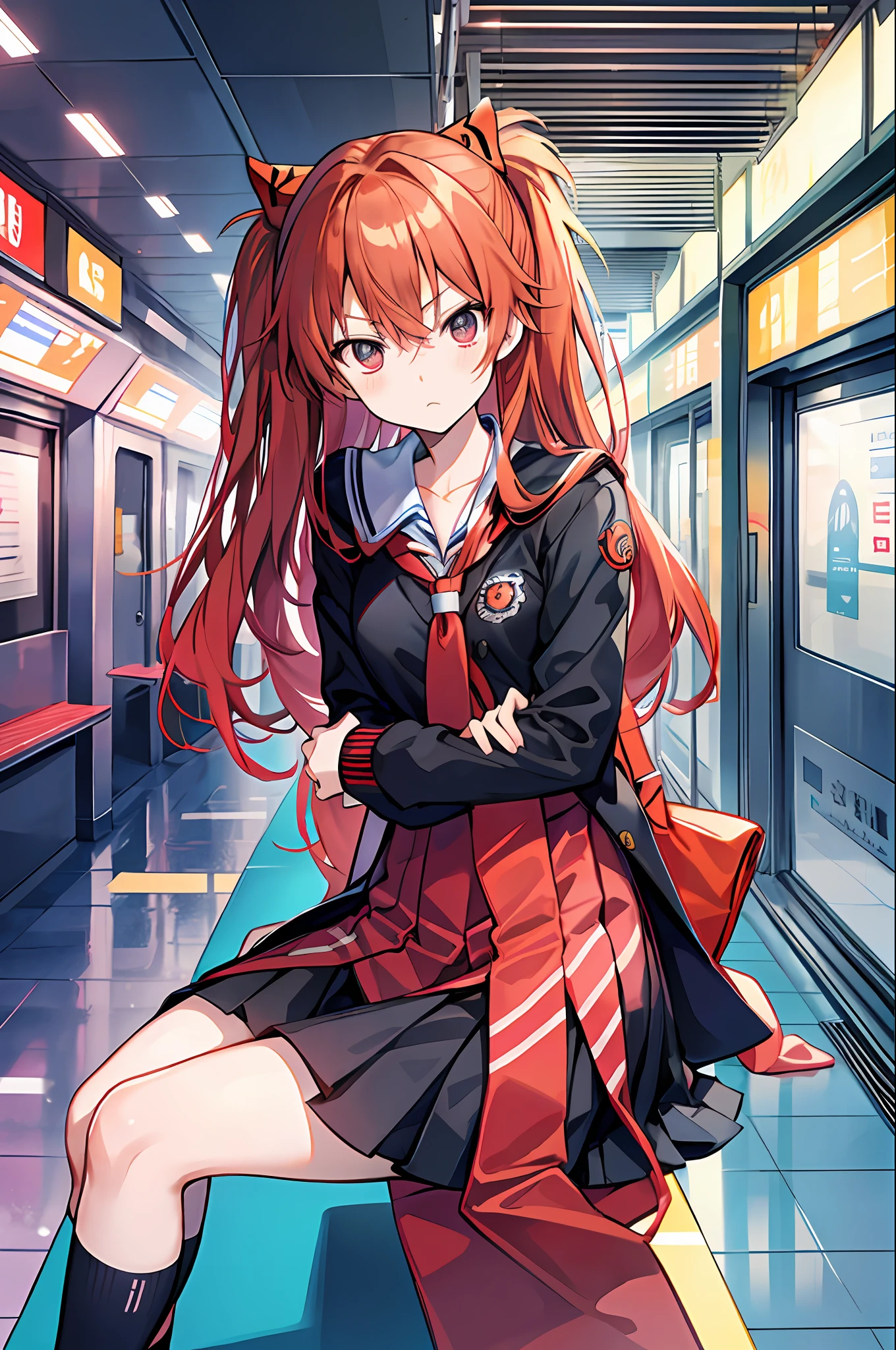 souryuu asuka langley, school uniform, jitome, ,subway station, sitting,looking at viewer, date a live, shy, disdain,