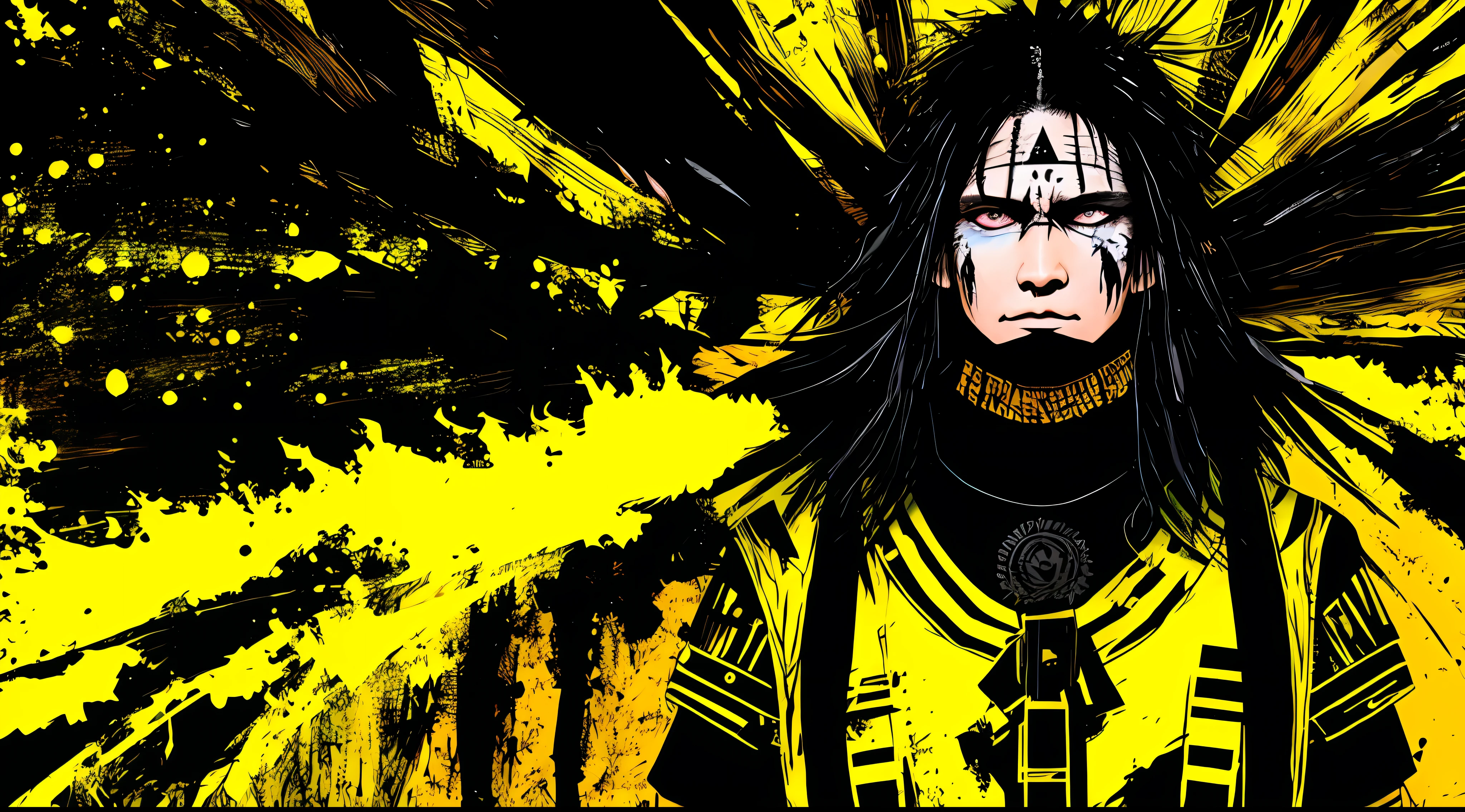 yellow and black, an indigenous warrior of the forest, in the style of Mork Borg, strong contrast, grunge dirty punk splash art, zine black metal, forest color splash background