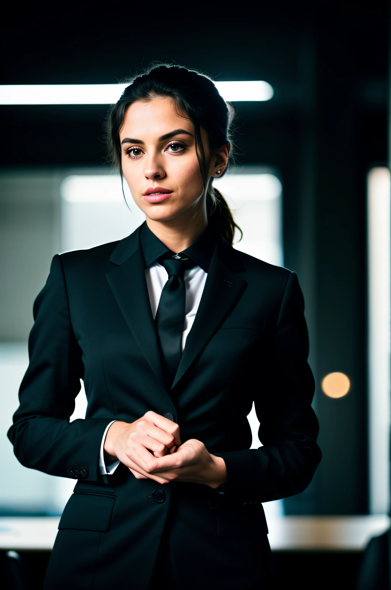 Woman in a black suit holding a tablet computer, woman in business suit, young business woman, business woman, woman in black business suit, woman in office, female lawyer, attractive woman, professional profile picture, wearing a business suit, business clothes, office clothes, wearing black business suit, high-res, masterpiece, best quality, intricate details, highly detailed, sharp focus, texture, detailed eyes, professional, 4k, Canon shooting, 85mm, shallow depth of field, kodak color vision, perfect fit body, extremely detailed, photo_\(ultra\), realistic photo, post-processing, maximum detail, roughness, real life, ultra realistic, photorealism, photography, 8k uhd, photography (grain of film) medium shot for closeup shot atmospheric dark lighting.