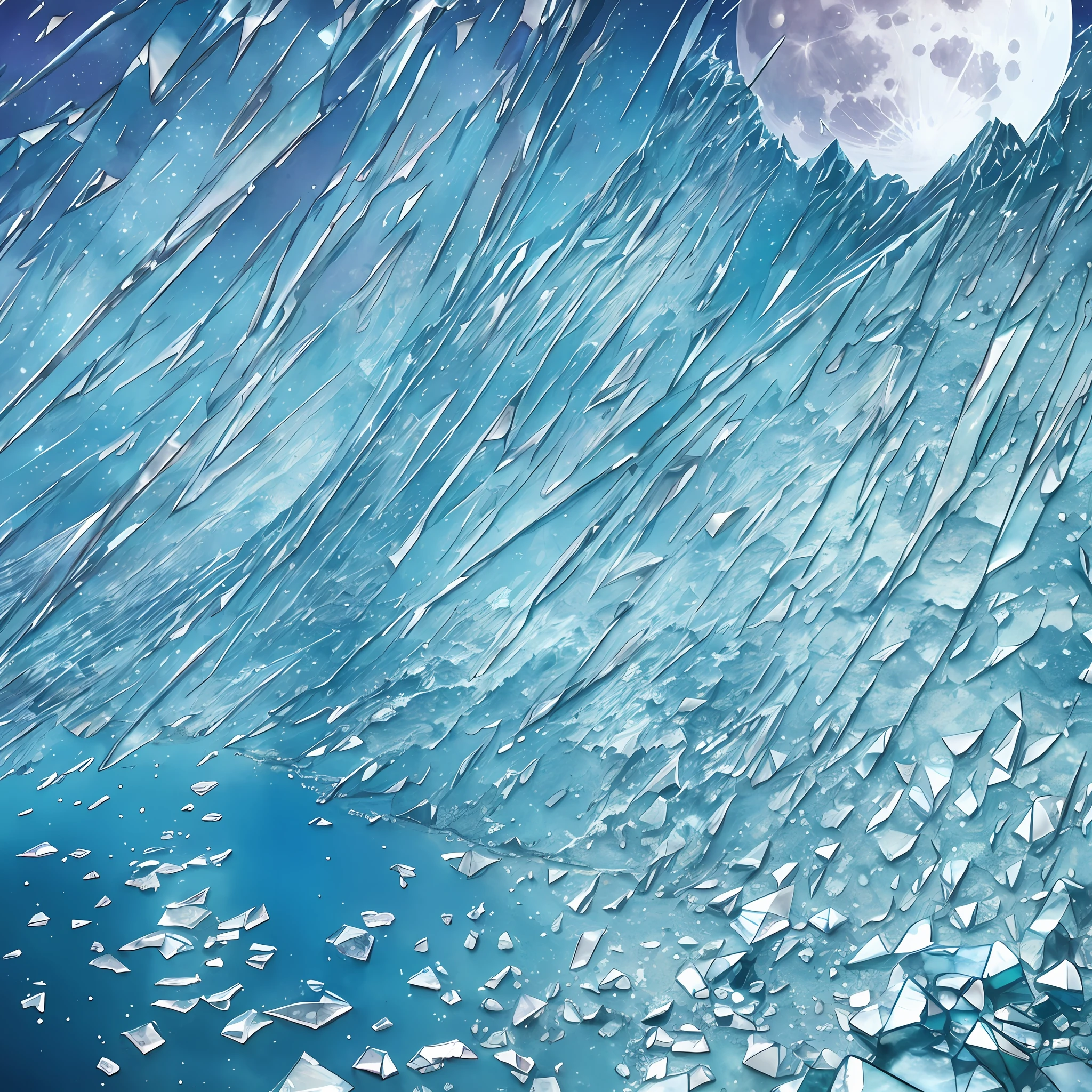 Three-dimensional computer graphics, Watercolor drawing, "Majestic mountains," "Hyper-realistic textures," Banksy, Yoshitaka Amano realistic fantasy, Extensive landscape ultrasound photography (general view showing a glass, sea, sky, full moon, volcano, glass shards, reflection of a starry sky), blurred background, cold, turquoise shade, a little purple, airy