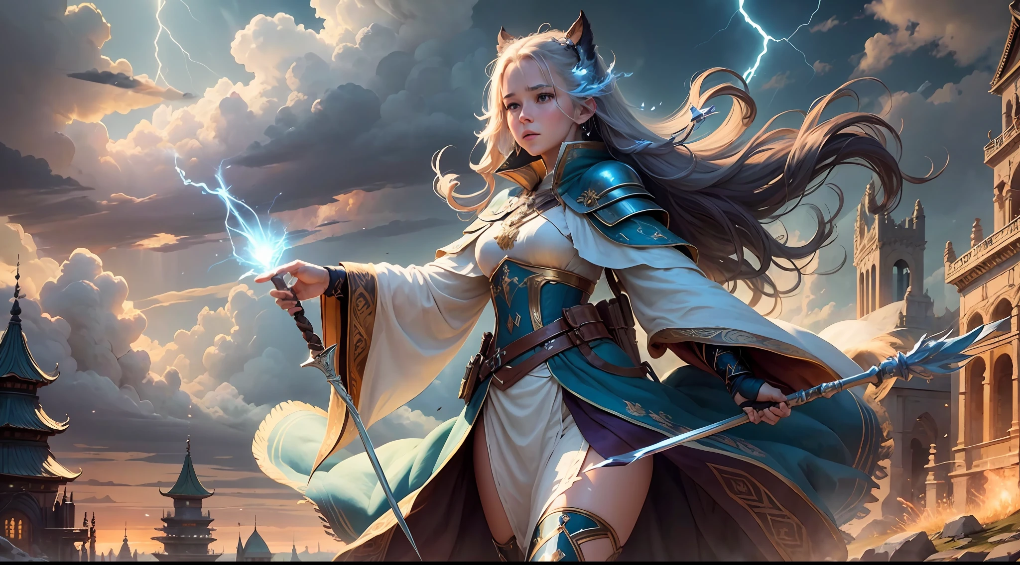 Step 1 - Scene: This is a magical scene with multiple characters in it. The scene features magnificent epic cinematic style buildings and landscapes, including towers, city walls, bridges, meadows, and lakes. There are mysterious clouds and lightning in the sky, as well as the flow and flickering of magical energy.
Step 2 - Labels (relational, noun, verb):
Characters: Many people, male, female, elderly, young
Clothing: magical decorations, ancient costumes, armor, robes, cloaks, boots
Architecture: walls, towers, bridges, palaces, shrines, meadows, lakes
Sky: Clouds, lightning, magical energy
Items: magic staffs, swords, bows and arrows, shields, magic crystals, books
Actions: casting, fighting, running, jumping, flying, resting, talking, thinking, observing
Step 3 - tag:
Characters: Multiple characters, male, female, elderly, young
Clothing: magical decoration, ancient attire, armor, --auto --s2