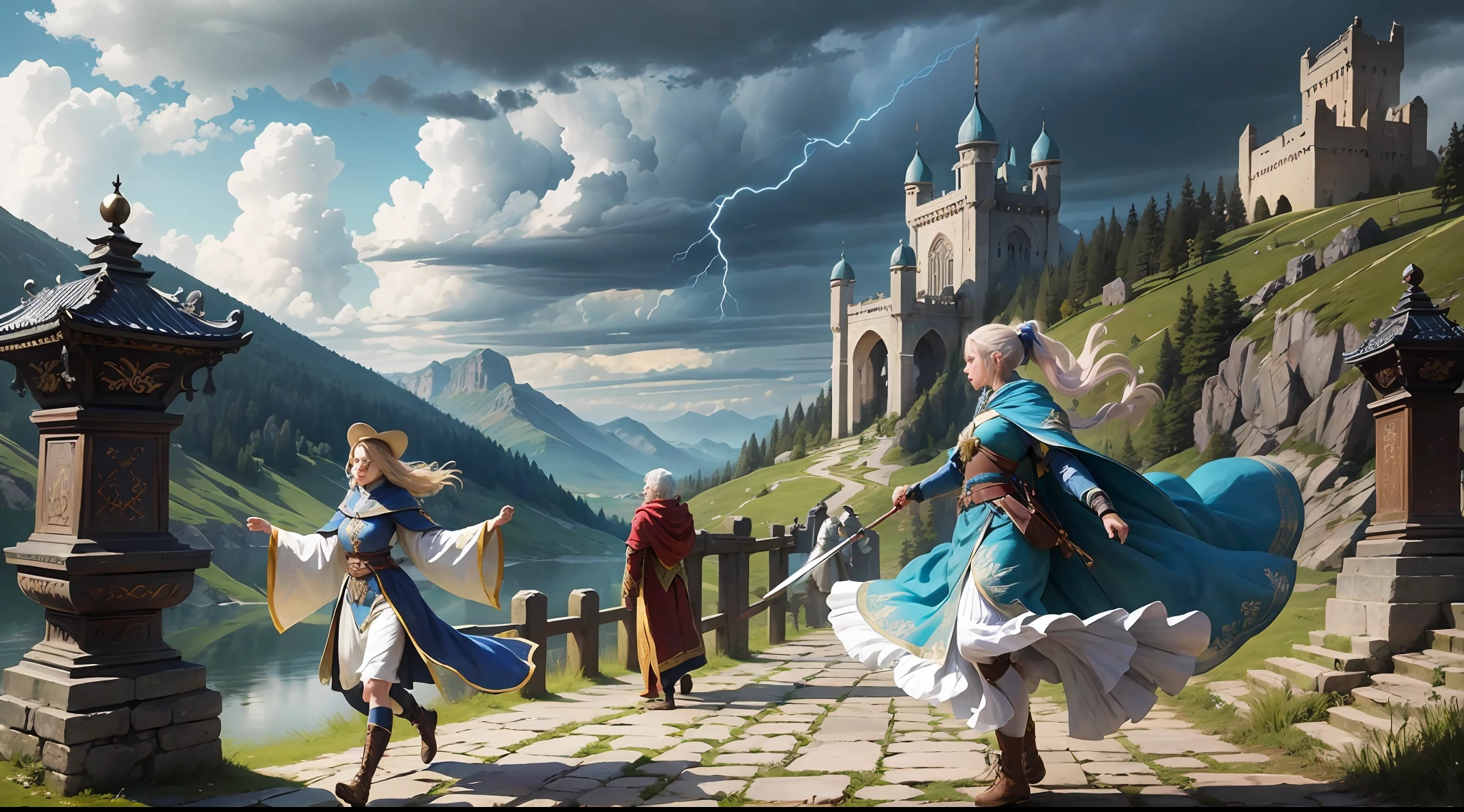 Step 1 - Scene: This is a magical scene with multiple characters in it. The scene features magnificent epic cinematic style buildings and landscapes, including towers, city walls, bridges, meadows, and lakes. There are mysterious clouds and lightning in the sky, as well as the flow and flickering of magical energy.
Step 2 - Labels (relational, noun, verb):
Characters: Many people, male, female, elderly, young
Clothing: magical decorations, ancient costumes, armor, robes, cloaks, boots
Architecture: walls, towers, bridges, palaces, shrines, meadows, lakes
Sky: Clouds, lightning, magical energy
Items: magic staffs, swords, bows and arrows, shields, magic crystals, books
Actions: casting, fighting, running, jumping, flying, resting, talking, thinking, observing
Step 3 - tag:
Characters: Multiple characters, male, female, elderly, young
Clothing: magical decoration, ancient attire, armor, --auto --s2