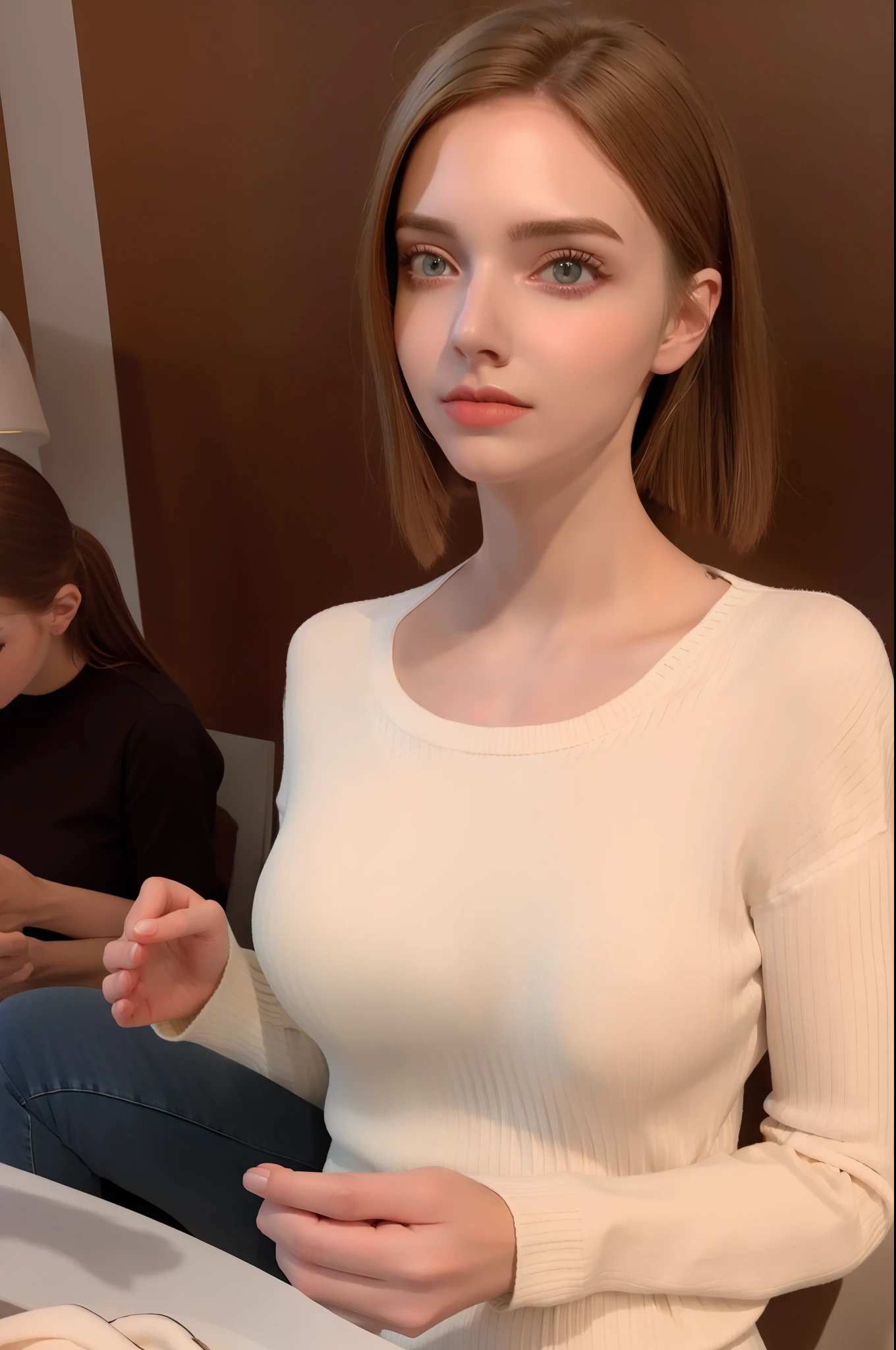 A European and American beauty, photorealistic, white sweater, dynamic lighting, artstation, volumetric lighting, very detailed faces, 4k