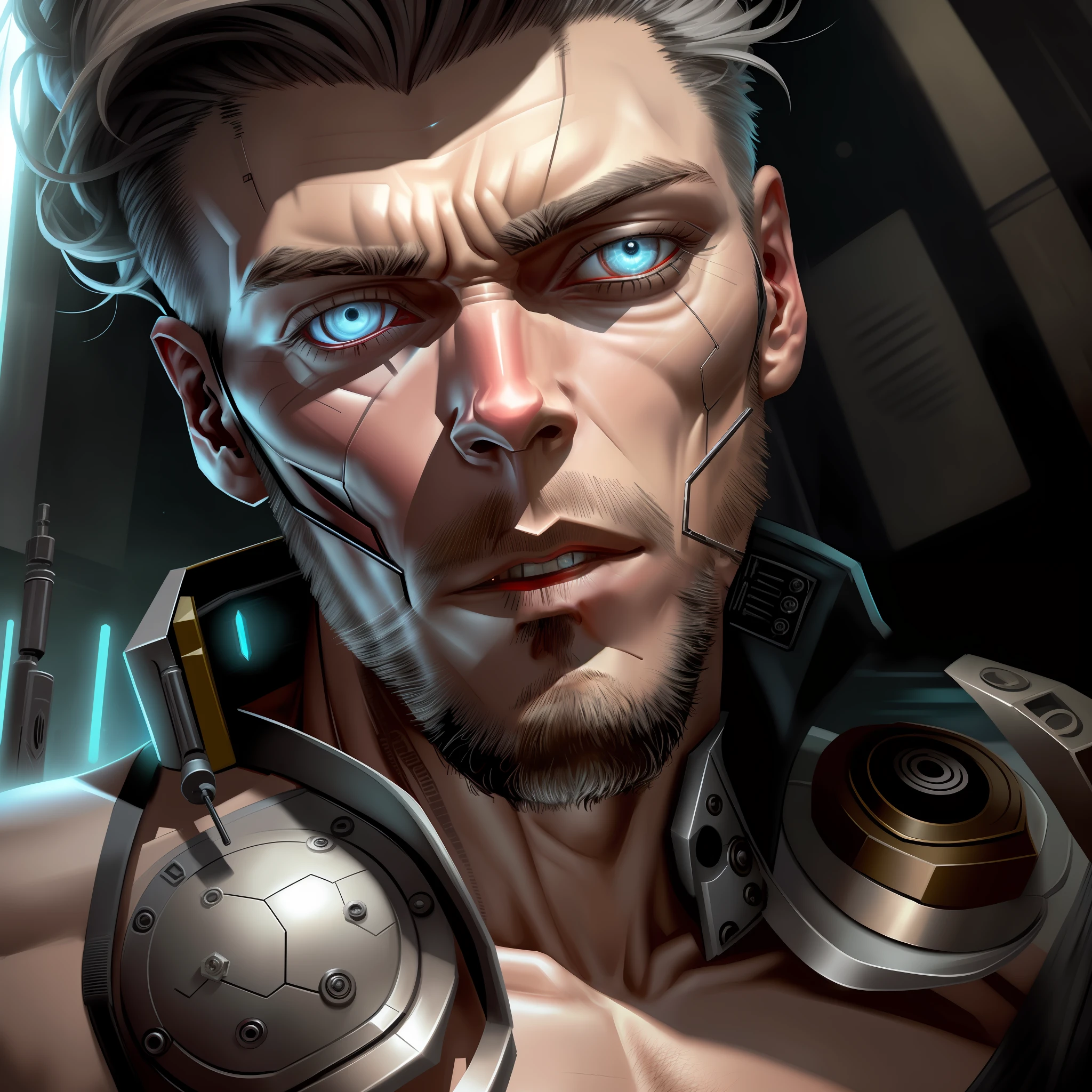 A cybernetic man in the range of 27 years old, muscular stereotype, with cowboy hat (mechanical parts: 1.5), fighting, bright eyes, short hair, tight supersuit torn, in a destroyed city, smoke and fire, aura of brilliant power, dynamic pose, dynamic vision, hyper detailed, 8k quality, with tattoo on the arm, mechanical roman watch on the chest, merge images, hyper realism. Enjoy original photo base, mechanical and human bust. With gray goatee and gray hair.