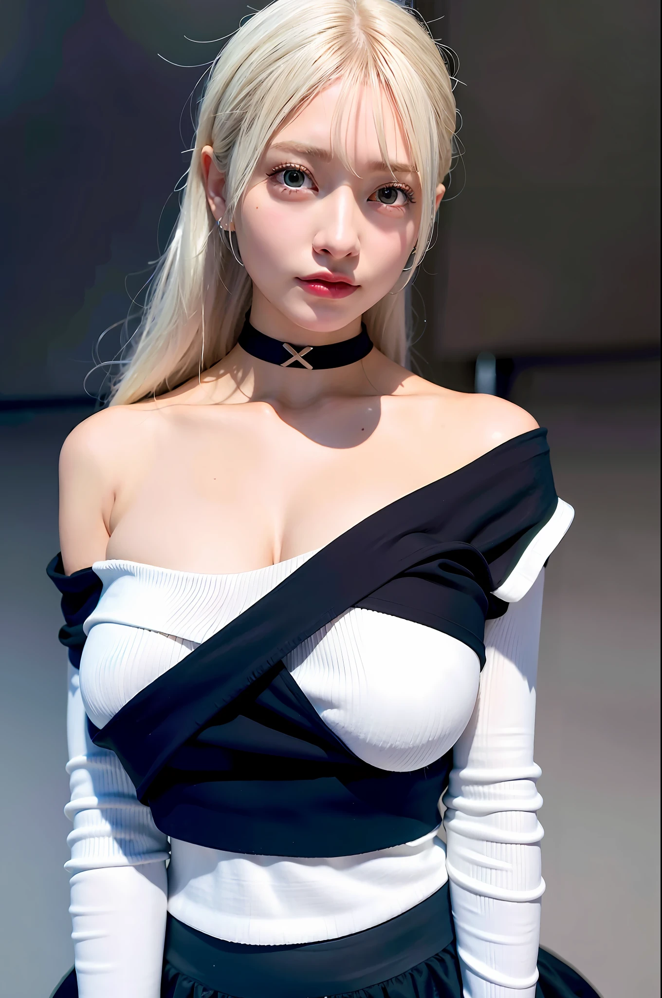 best quality, ultra high res, (photorealistic:1.4), 1girl, off-shoulder white shirt, black tight skirt, black choker, (faded ash gray hair:1), (huge breasts:1.2), looking at viewer, closeup ,