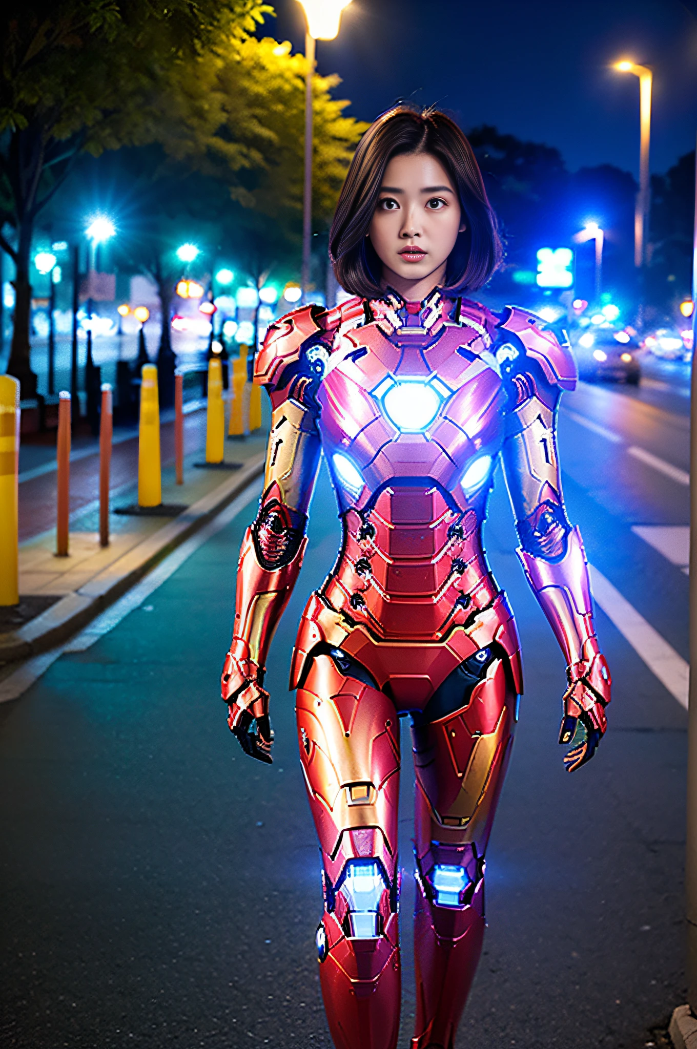 ((Realistic lighting, best quality, 8k, masterpiece: 1.3, ultra-wide angle, first-person view, depth of field (DOF)), super detailed, soft lighting, (detailed background), extreme detail background, sharp details, a wearing Full Length Shot (FLS), symmetrical body, symmetrical face, full body, Chest Reactor, Ultra Realistic High Speed Iron Man Armor, 10 years old, pryes, (Realisticity: 1.5), Realism, Ultra Realisticity, (Very detailed eyes), Short hair, pure and cute, Small breasts (flat chest), Oncoming Face, Perfect Figure, Graceful Figure, Oncoming Head-on, Sultry Posture, Ultra-detailed Skin, Blushing, Full Body Long Legs), Street Side at Night (Background Detail, Street Lights, Neon Lights, Trees, Side of Traffic)