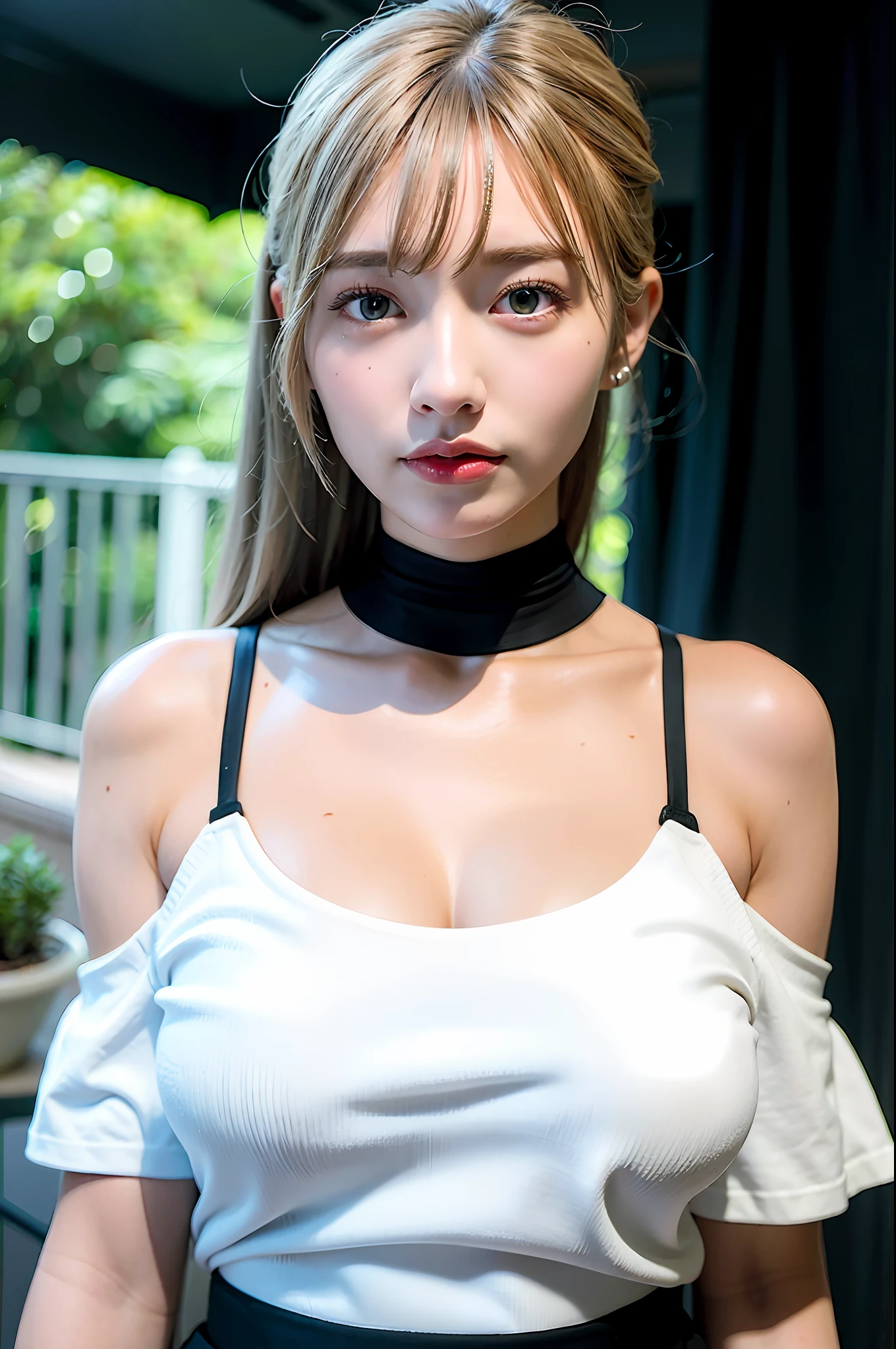 best quality, ultra high res, (photorealistic:1.4), 1girl, off-shoulder white shirt, black tight skirt, black choker, (faded ash gray hair:1), (huge breasts:1.2), looking at viewer, closeup ,