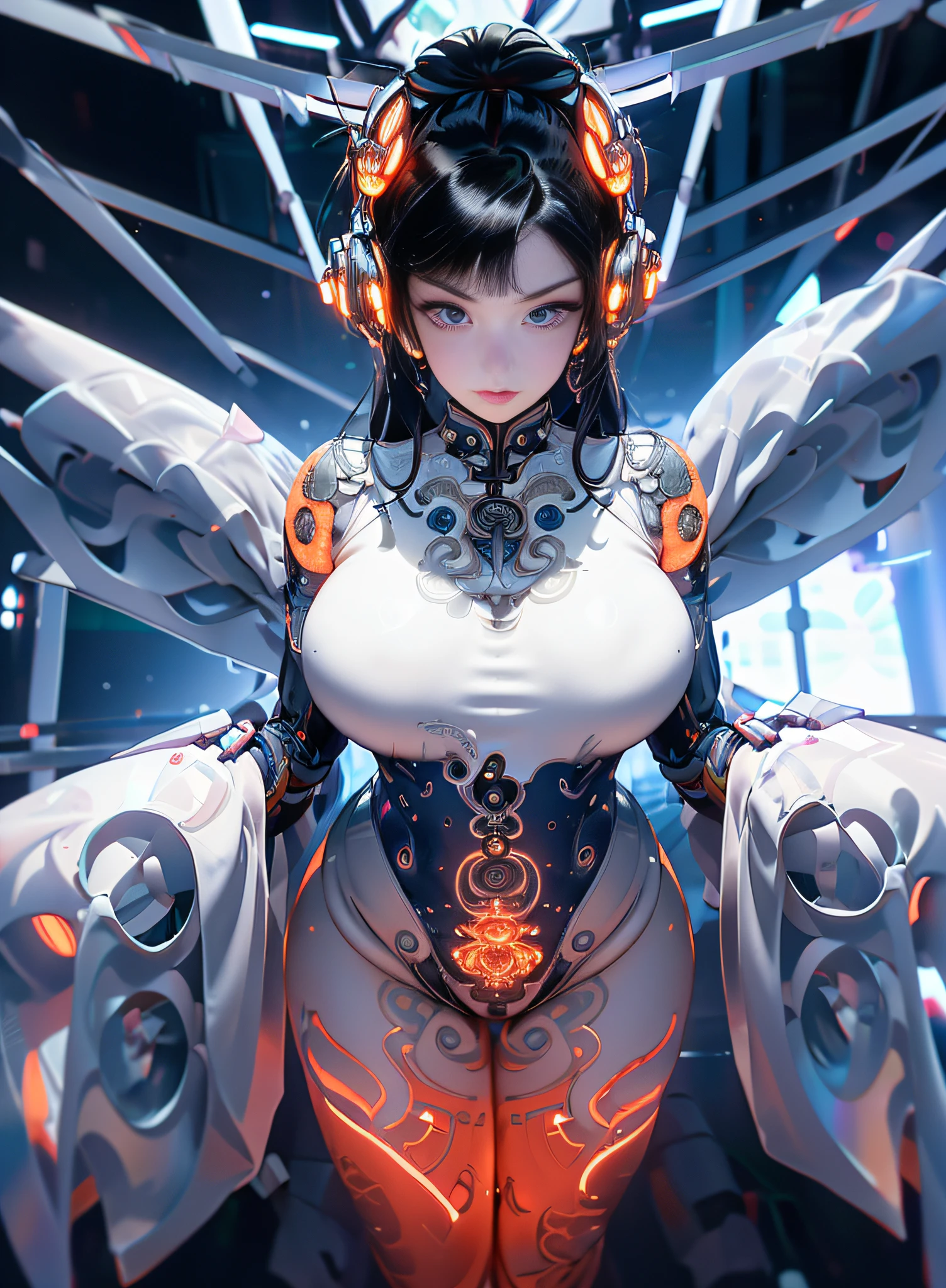 1girl, long hair, black hair, blue eyes, smirk smile, cyberhanfu, cyber bikini, cyberwall, cyber city, inside a dance party, spotlights, DJ, mechanical parts, cat ear, wolf tail, porcelain skin, tan skin, orange clad, orange armor, orange body suit, white gloves, white headset, wolf tail, crouching, ((open legs)), (((open navel))), revealing breast, (((huge breast))), ((cleavage)) , (masterpiece:1.5), (intricate detail:1.5), (cinematic:1.5), inside a machinery contraption, glass vials, messy room, cables, wires, machinery walls, giant magnet, standing in laboratory, back view, (extreme wide view:1.5)