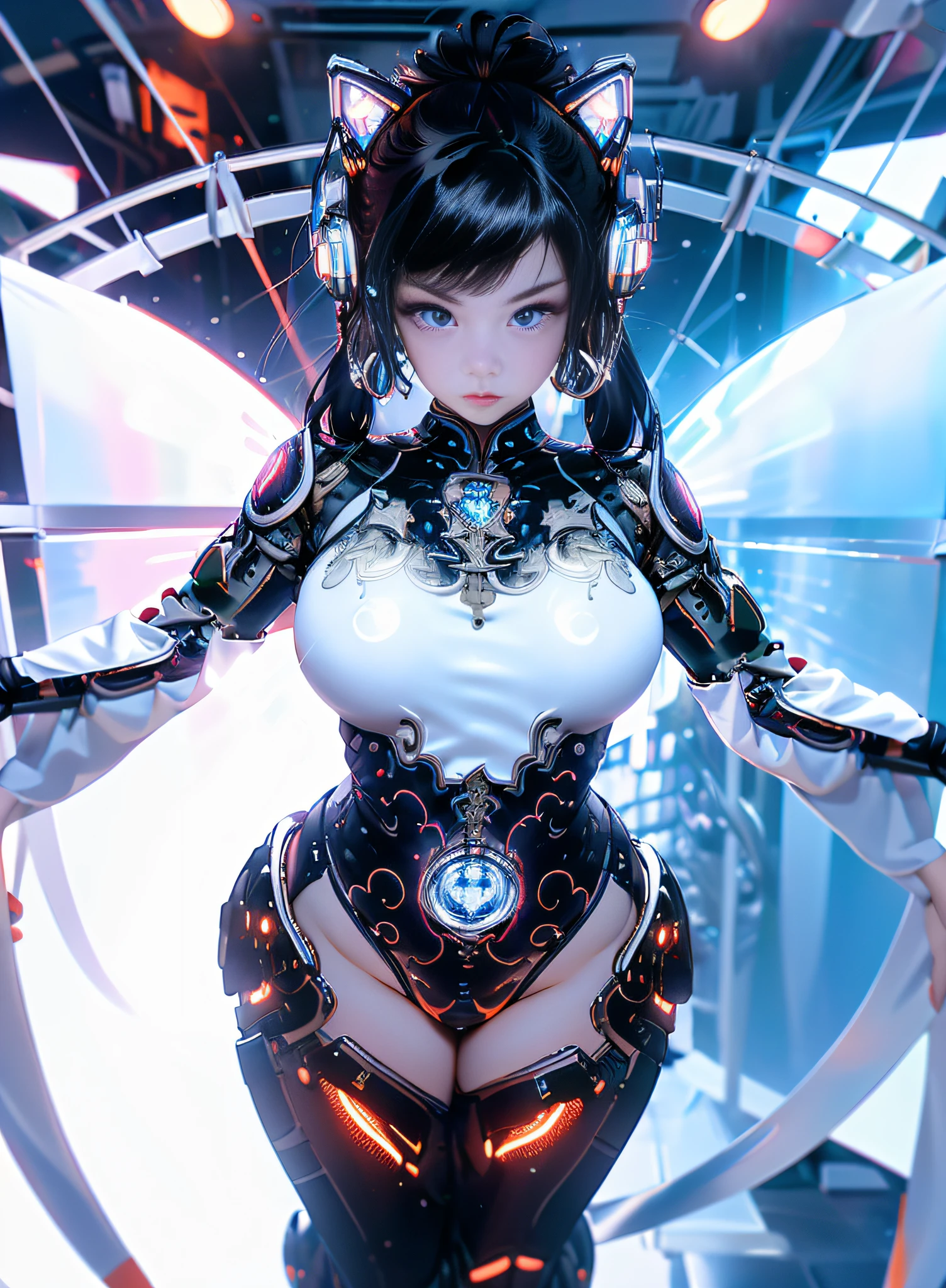 1girl, long hair, black hair, blue eyes, smirk smile, cyberhanfu, cyber bikini, cyberwall, cyber city, inside a dance party, spotlights, DJ, mechanical parts, cat ear, wolf tail, porcelain skin, tan skin, orange clad, orange armor, orange body suit, white gloves, white headset, wolf tail, crouching, ((open legs)), (((open navel))), revealing breast, (((huge breast))), ((cleavage)) , (masterpiece:1.5), (intricate detail:1.5), (cinematic:1.5), inside a machinery contraption, glass vials, messy room, cables, wires, machinery walls, giant magnet, standing in laboratory, back view, (extreme wide view:1.5)