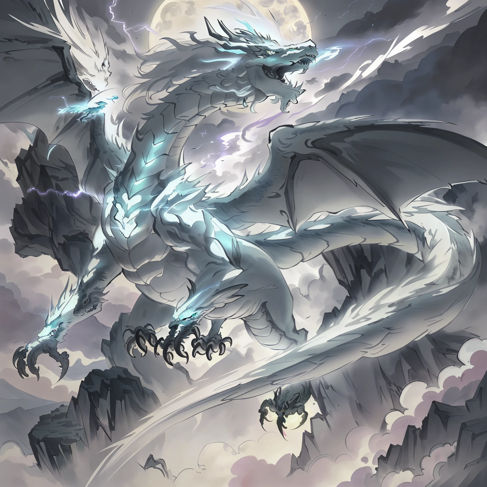 The silver-white dragon spreads its wings and flies in a misty valley, its body is wrapped in lightning, and the surrounding environment is glowing with lilac fluorescence. The background is the night of the full moon, with lightning and lightning