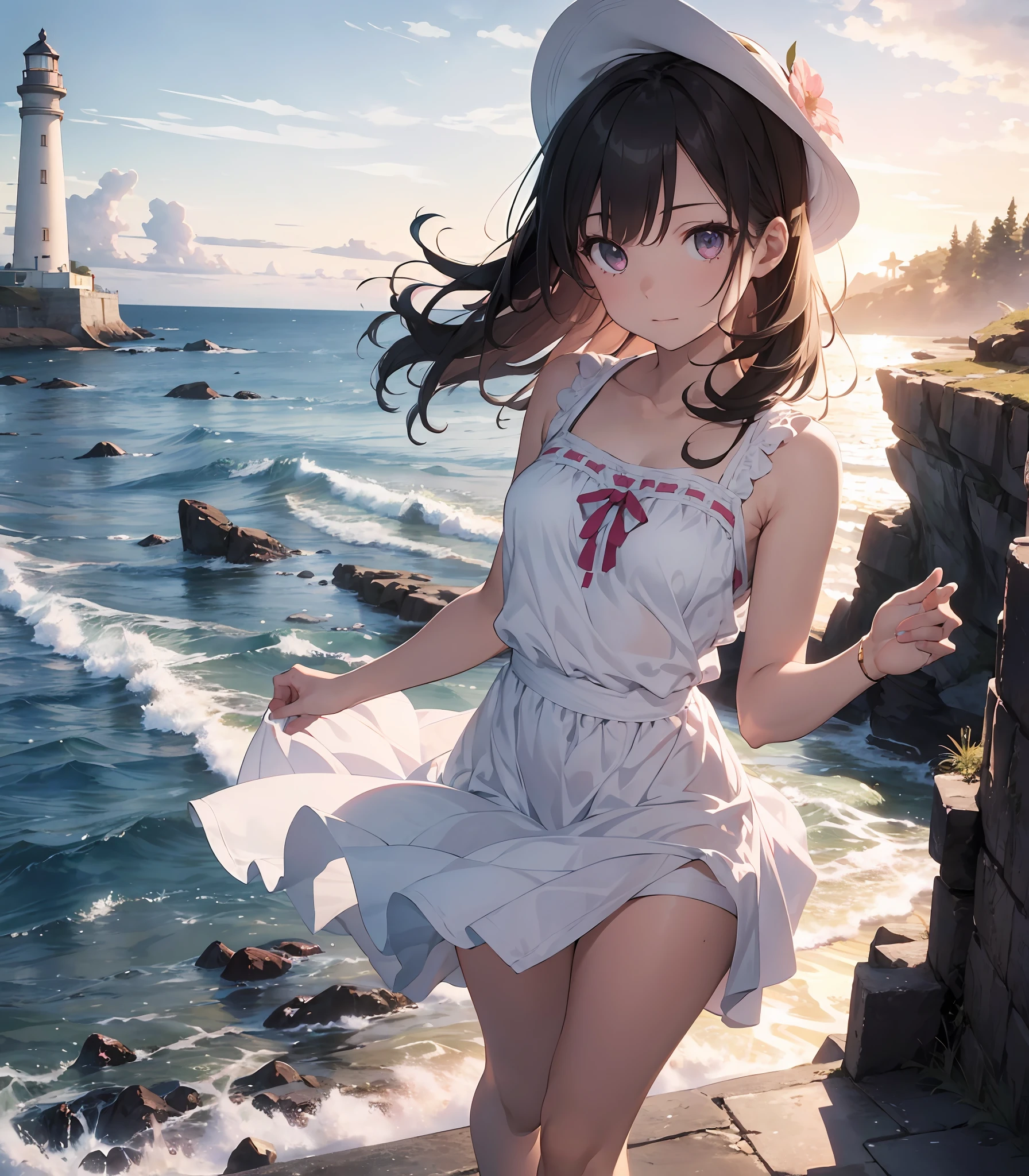 1girl, (solo:1.2), ((masterpiece)), [slim], (small breasts), pale skin, ((detailed eyes)), (background blur), (dynamic angle), dynamic pose, watching sunset, sun sets over ocean, rocky coast, lighthouse, golden glow, ethereal quality, summer dress, pink dress, flower embroidery, wide-brimmed sunhat, white sneakers