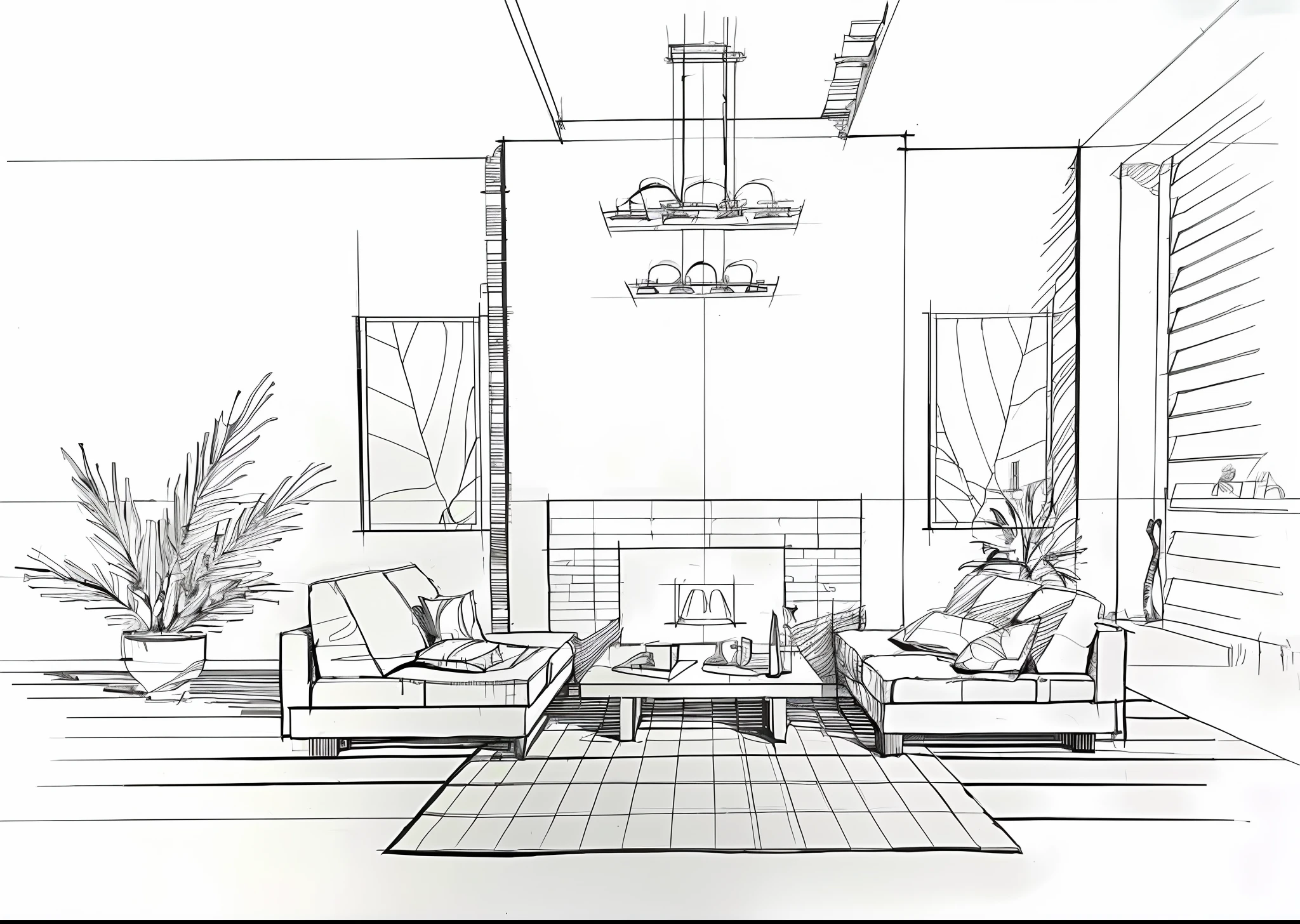 Living room drawing with sofa, chair, table and lamp, 2 point perspective, interior living room, single point perspective, 2 point perspective, extreme three-point perspective, interior design architecture, 1 point perspective, two point perspective, point perspective, 5 point perspective, single point perspective, 3 point perspective, deep 3 point perspective, interior design, Southeast Asian style