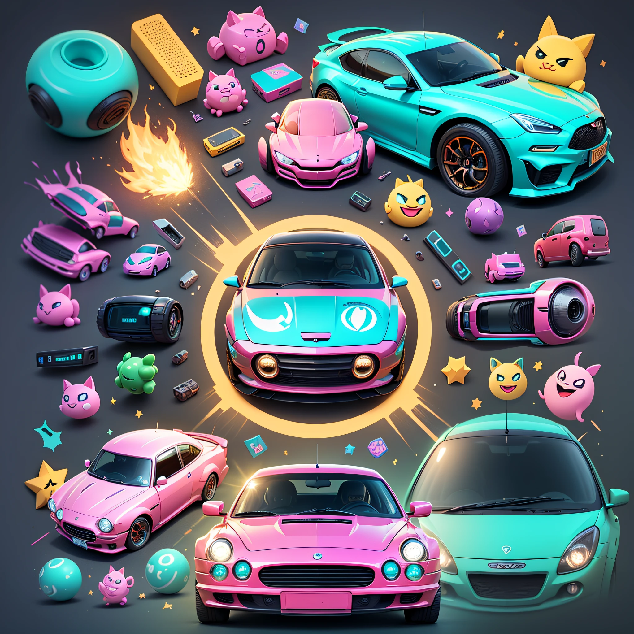 car, game icon assets, PNG, hand drawn cartoon art style, 8K high quality detail art, digital art emoji collection, game icon stylization, (teal), game assets, cartoon vector style, pink iconic characters, fantasy sticker illustration, 3D icons for mobile games, telegram sticker design --auto --s2