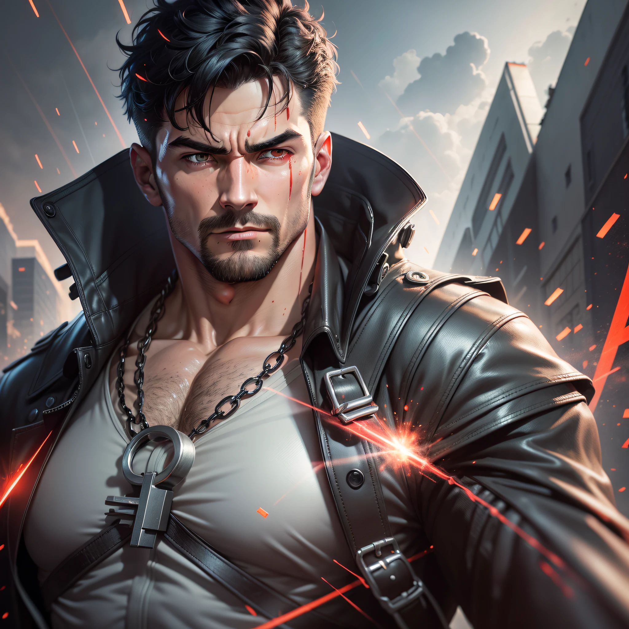 A strong man, muscular, he wears a handsome trench coat, short black hair and short hair, blood red particle light effects surround him, behind him are countless intertwined lines as a background, super high resolution, super detail, super high finish, 4k anime cover, night core, key visual, best anime, 4k, wallpaper, detailed key, anime art