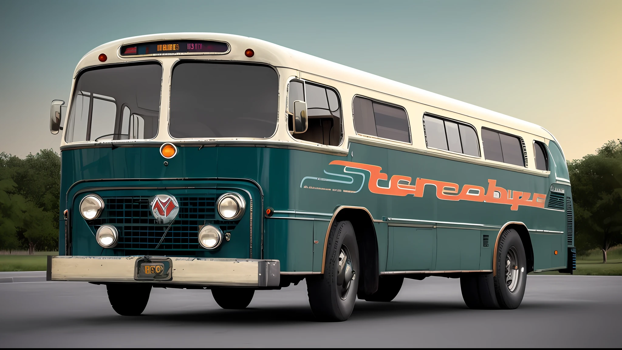 Bus, vintage, 1960s, colorful, rounded lines, band bus, road bus, photorealistic, ultradetailed, 8k, photography