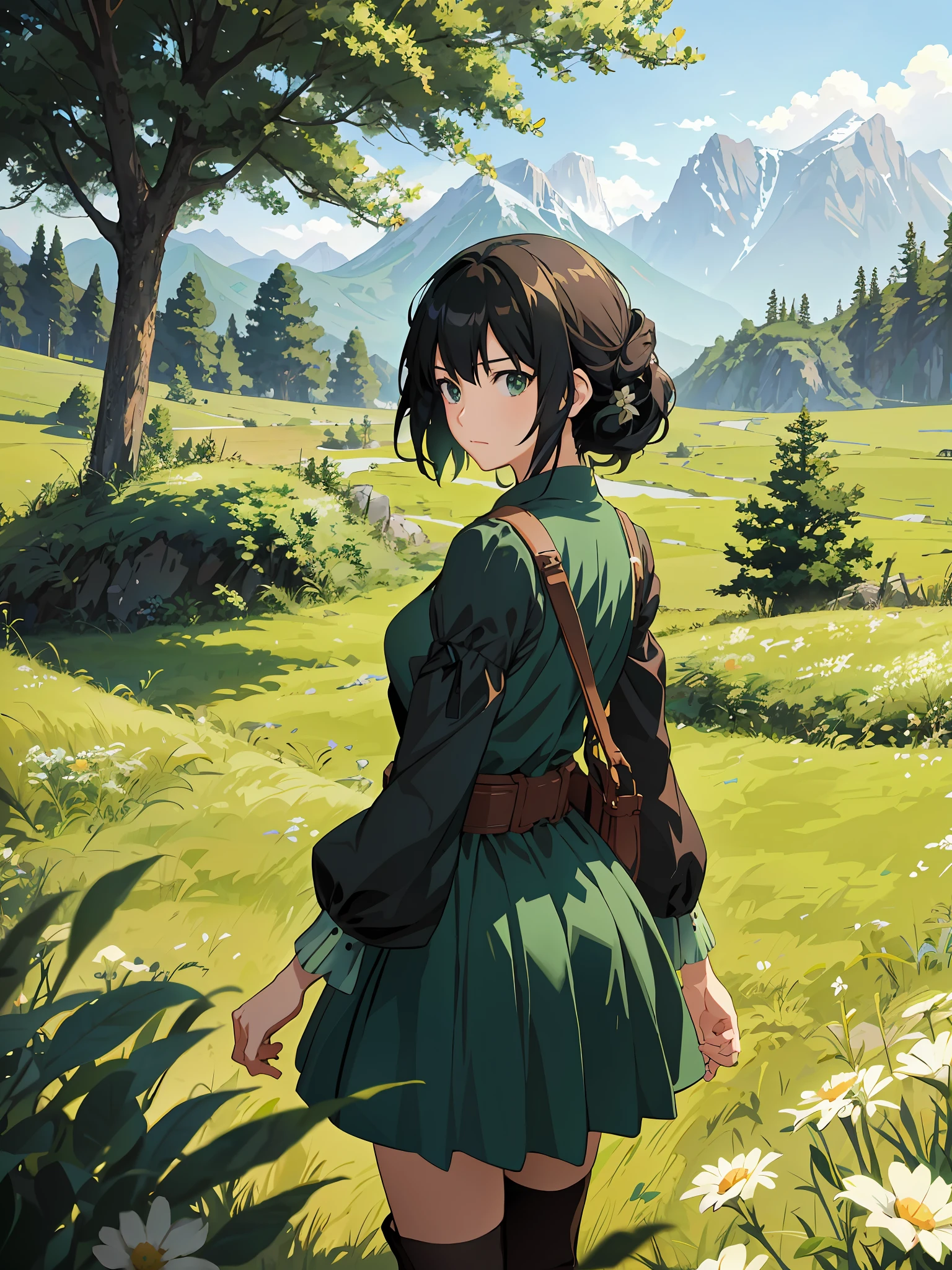 Anime girl in green dress standing in a field with mountains in the ...
