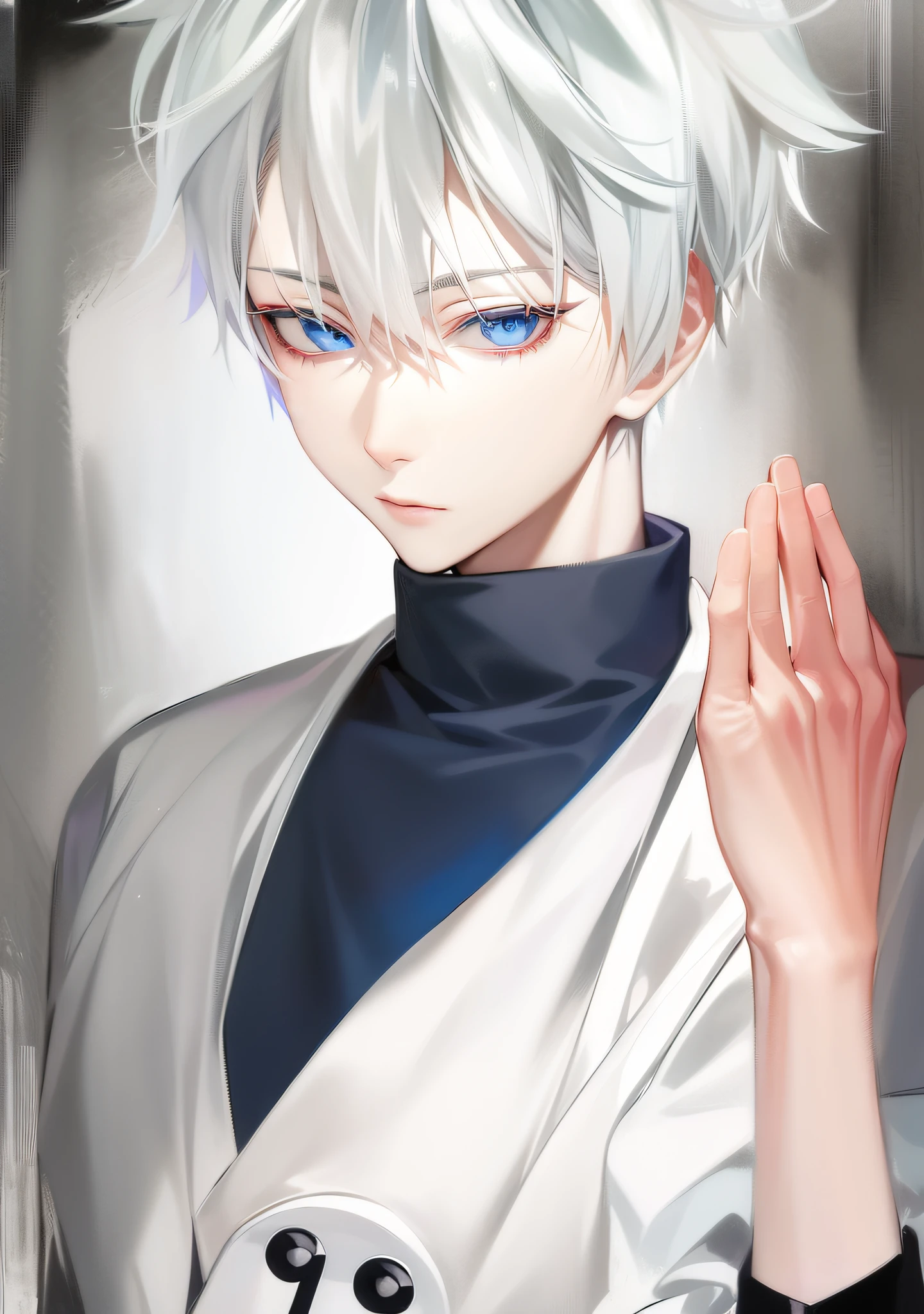 anime boy with white hair and blue eyes holding his hand up, kaworu nagisa, inspired by Josetsu, kaneki ken, killua zoldyck, ((wearing aristocrat robe)), made with anime painter studio, inspired by Kamisaka Sekka, ken kaneki, inspired by Itō Ogura Yonesuke, white haired deity