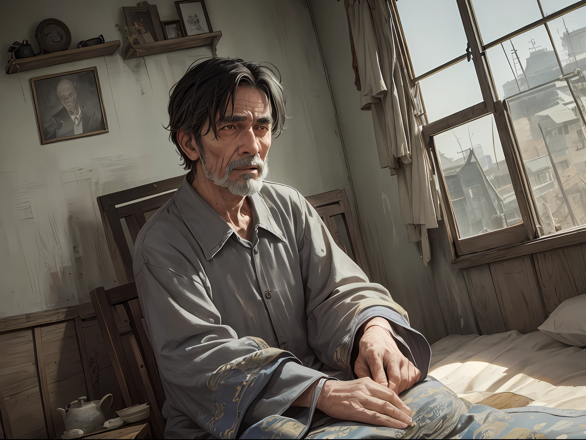 1 old man, old, thin, sick, weak, lying in bed, shabby bed, dilapidated house, ((ultra-realistic details)), Chinese Republic of China style, panorama, global illumination, clear facial features, short black hair, shabby clothes, sloppy, 8k, a pair of bright eyes