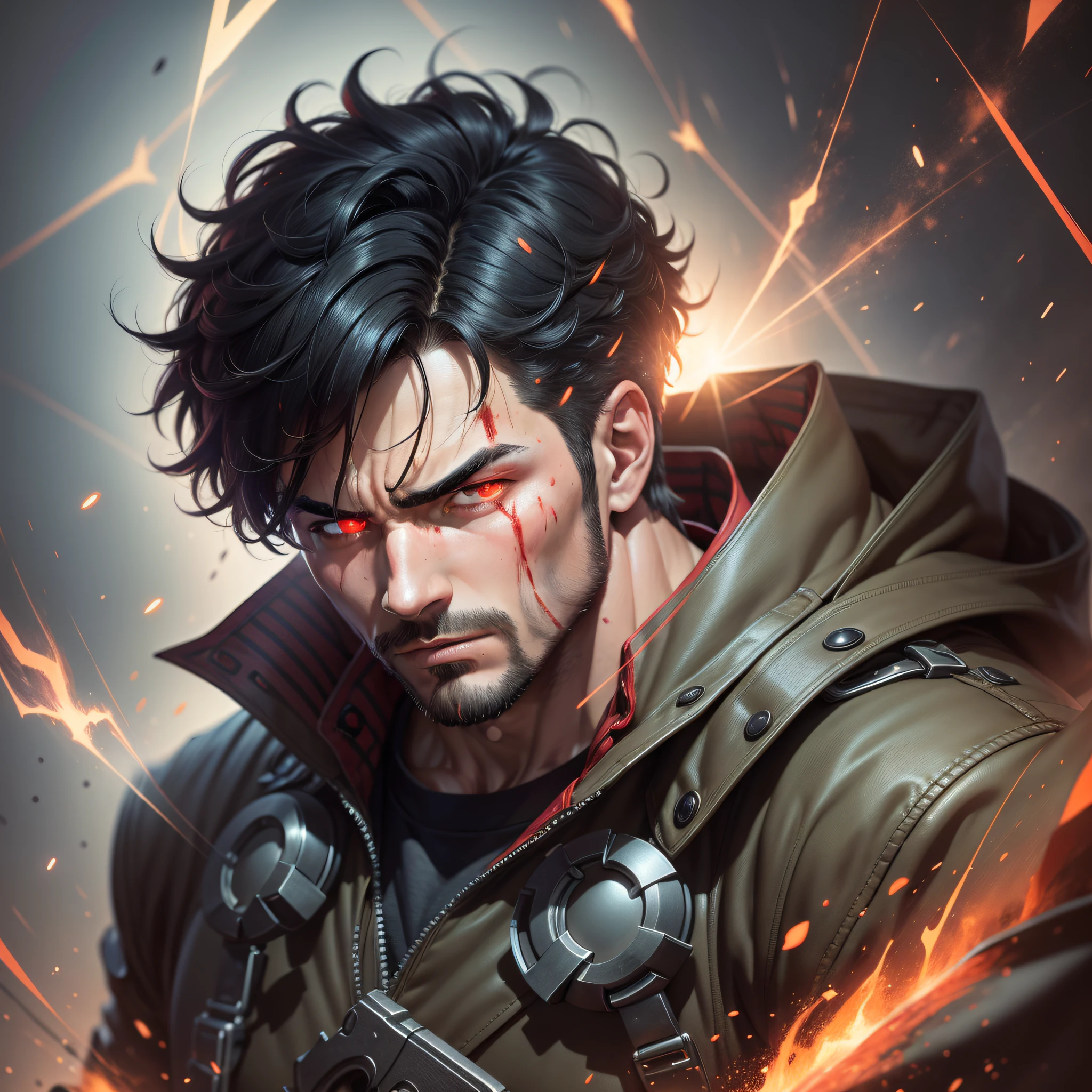A strong man, muscular, he wears a handsome trench coat, short black hair and short hair, blood red particle light effects surround him, behind him are countless intertwined lines as a background, super high resolution, super detail, super high finish, 4k anime cover, night core, key visual, best anime, 4k, wallpaper, detailed key, anime art