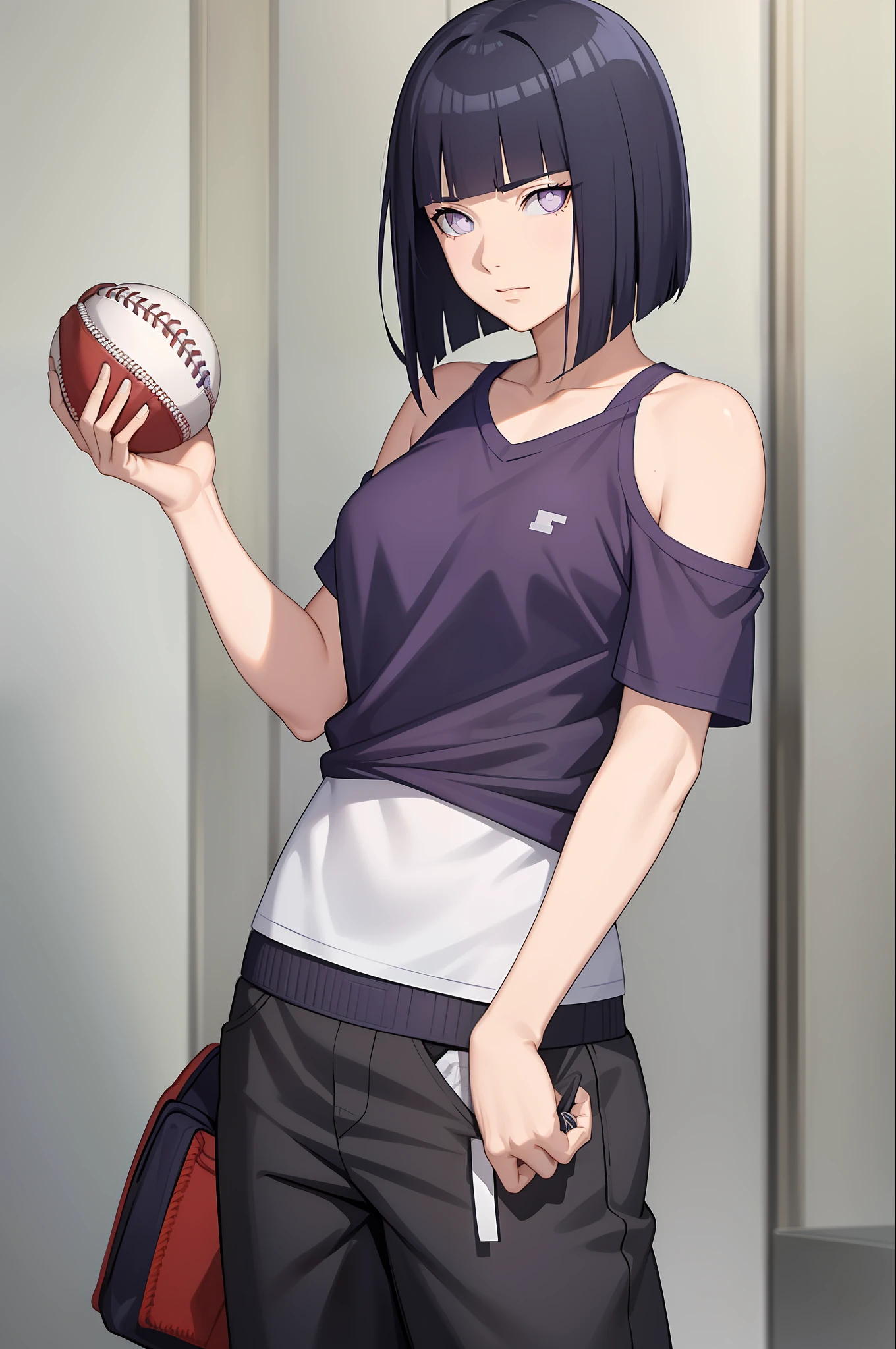 ((masterpiece:1.2, best quality)), hinata/(boruto/),1girl, medium shoulder hair, dark blue hair, purple eyes, baseball shirt, baseball pants holding a baseball, straight, mature, blunt bangs, medium breast