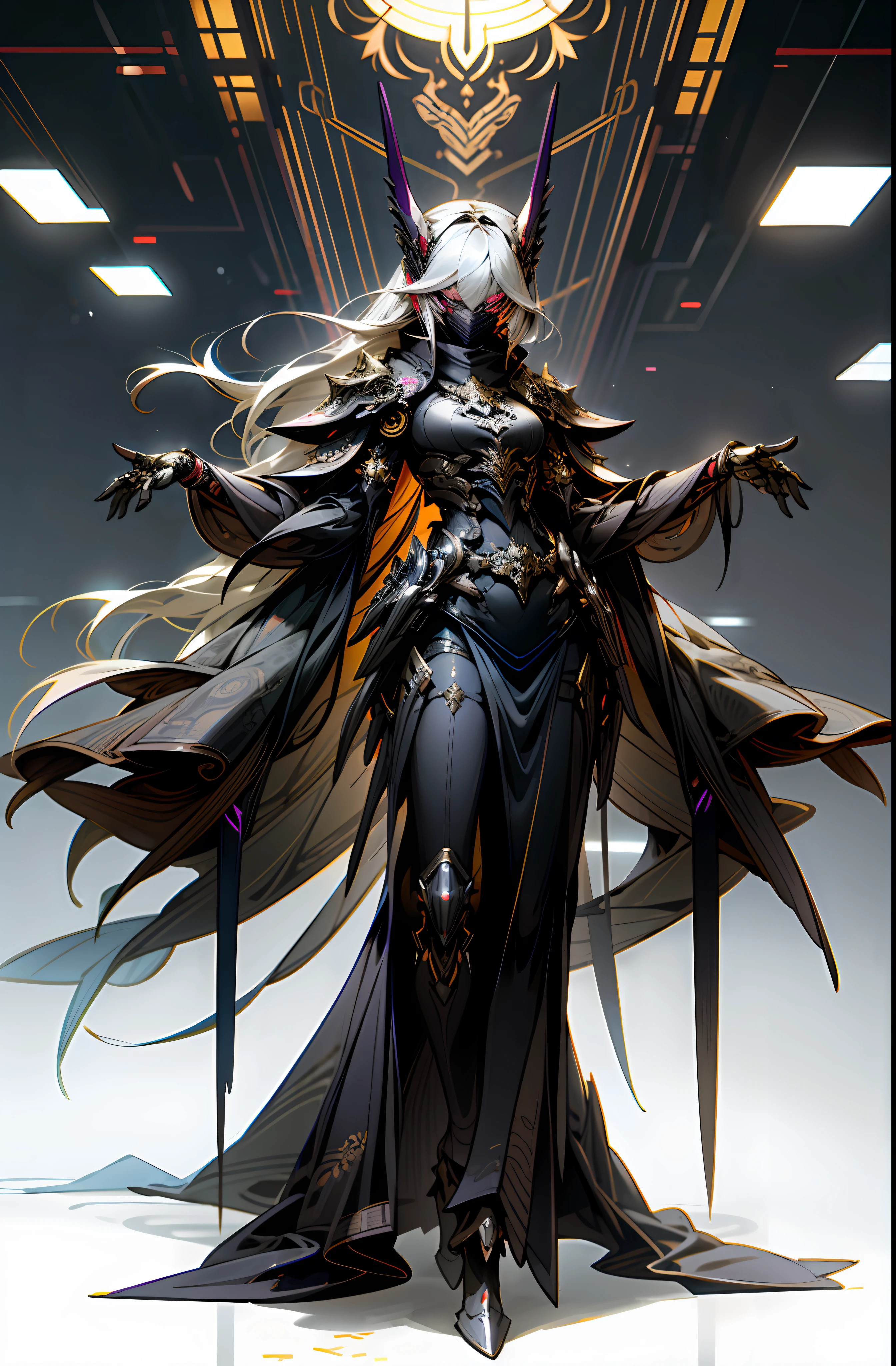 Dark_Fantasy, cyberpunk, (black purple: 1.1), 1 person, mechanical marvel, robot existence, cybernetics guardian, full body, armored dress, gray hair, long hair, mask, chinoiserie, shawl, black long dress