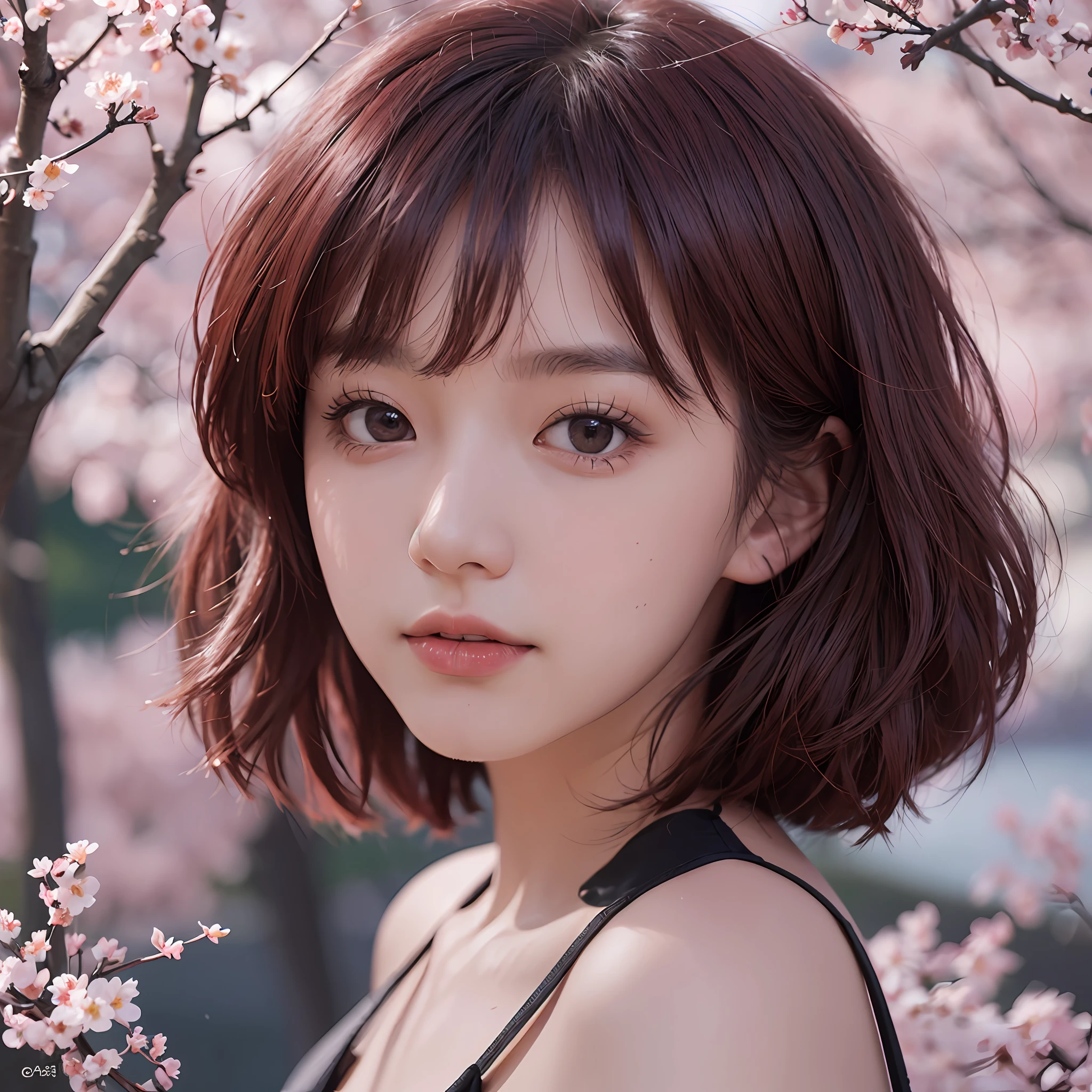 (Photorealistic: 2.0) (RAW Photo: 2.0), Best Quality, Masterpiece, Depth of Field, Photo, Round Face, Hair Color: Burgundy, Short Hair, Cherry Blossom, Moon, Underwear, Low Angle, Nature Background, Night Sky --auto --s2