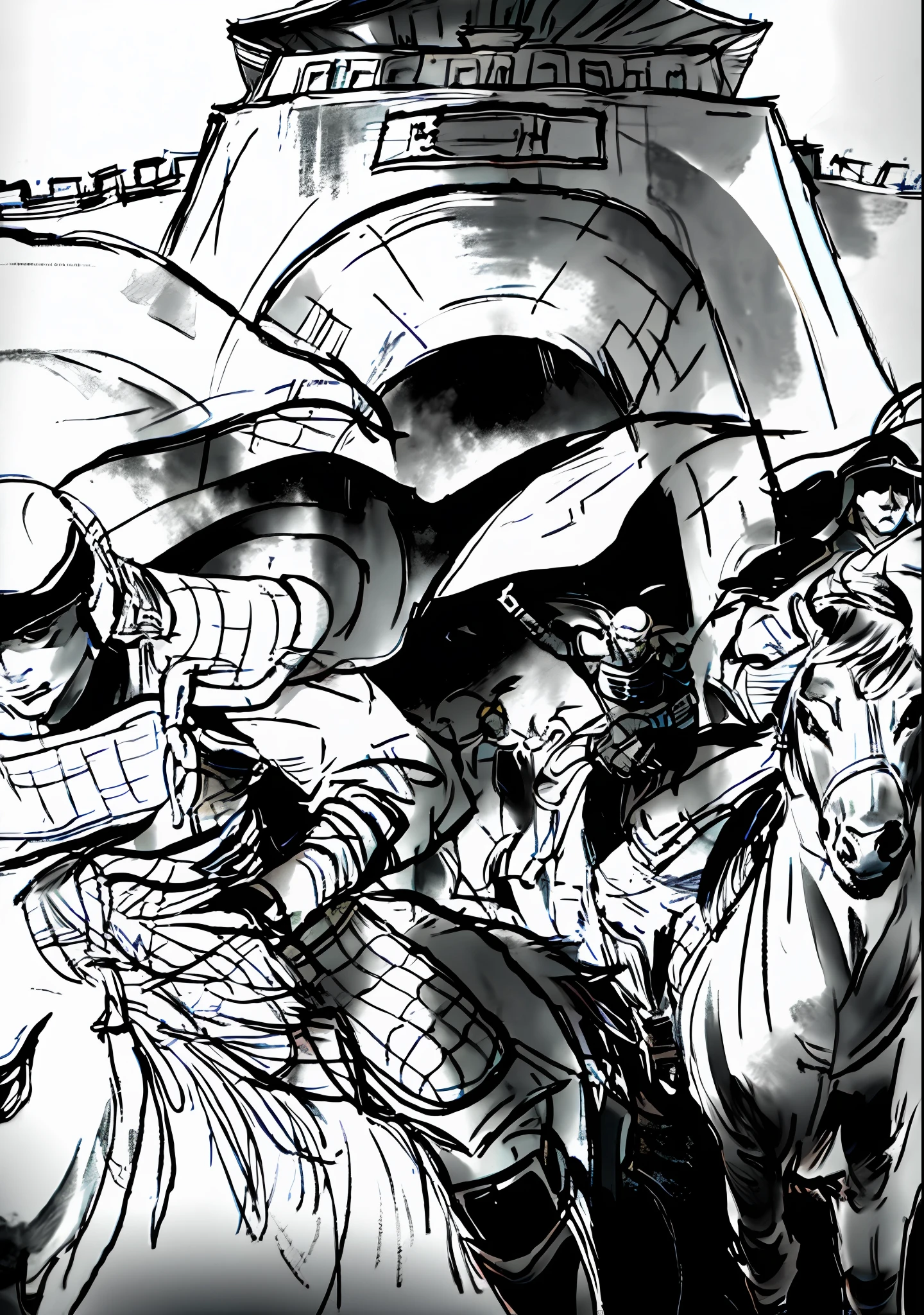 A painting of a group of people riding horses with swords, intense art, concept film, bold art, clean line art, detailed but rough, background: city gate scene, ink outline, clean ink detailed line drawing, detailed pencil, line - art, published concept art, screen tone shadow, comic concept art, ink, full page illustration, black and white color