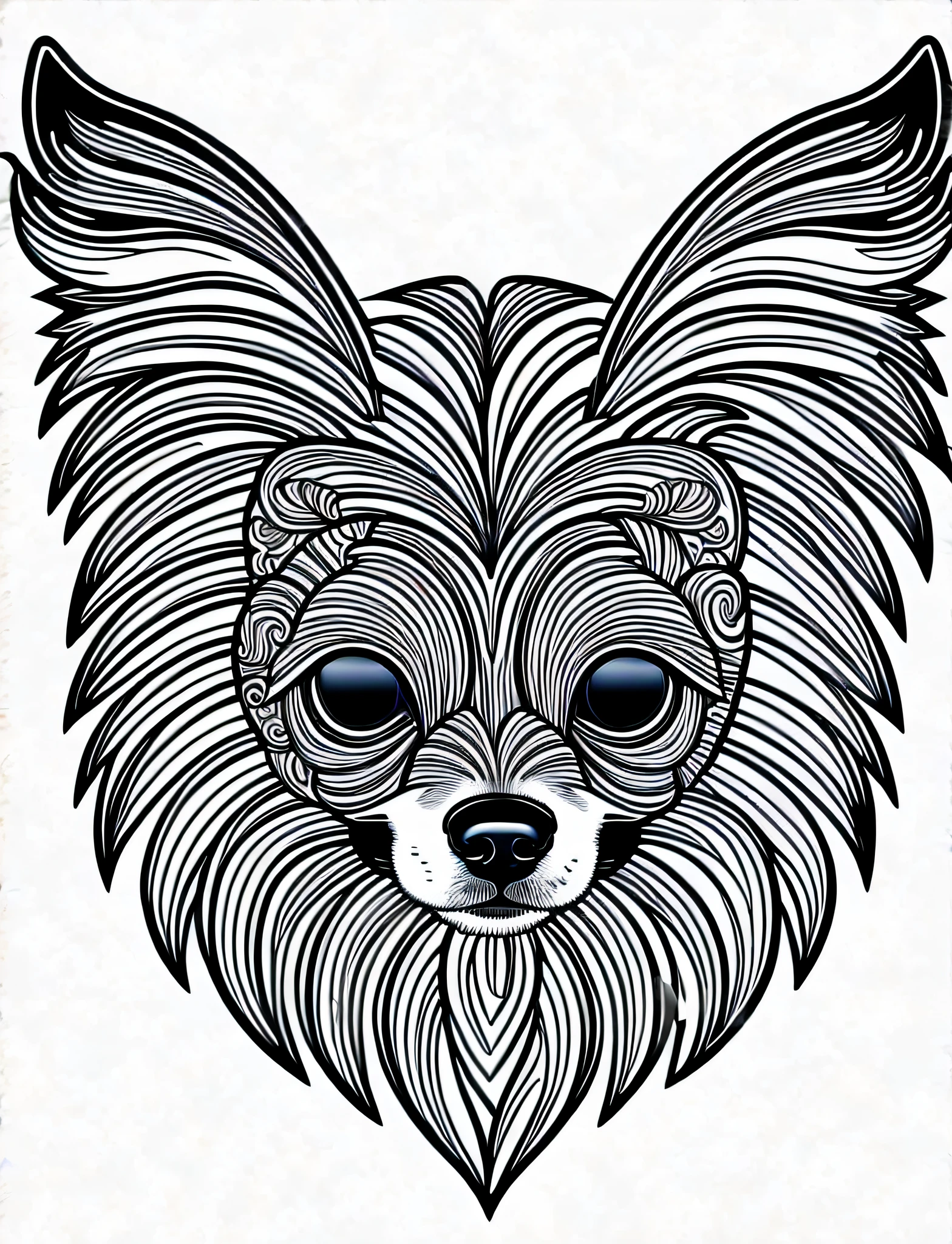 a Papillon style dog, fantasy, magical, mandala, unusual, black and white, wavy lines, realistic line art drawing, coloring book page, no noise, sharp thick lines, contour art, centered image, isolated on a white background