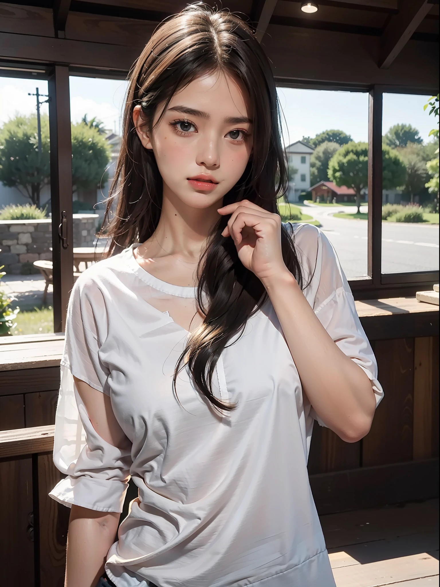 best quality, masterpiece, 1 girl, beautiful face, (brown eyes), (black hair), (photo photo:1.3), edge lighting, (high detail skin:1.2), 8k ultra hd, DSLR, high quality, high resolution, 4k, 8k, bokeh, absurd, best ratio four fingers and one thumb, (realistic:1.3), 1 girl wearing a white shirt with full lower body nude, sexy and beautiful,