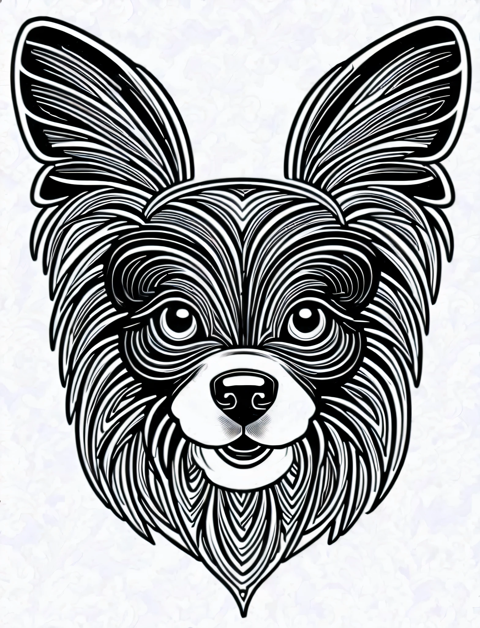 a Papillon style dog, fantasy, magical, mandala, unusual, black and white, wavy lines, realistic line art drawing, coloring book page, no noise, sharp thick lines, contour art, centered image, isolated on a white background