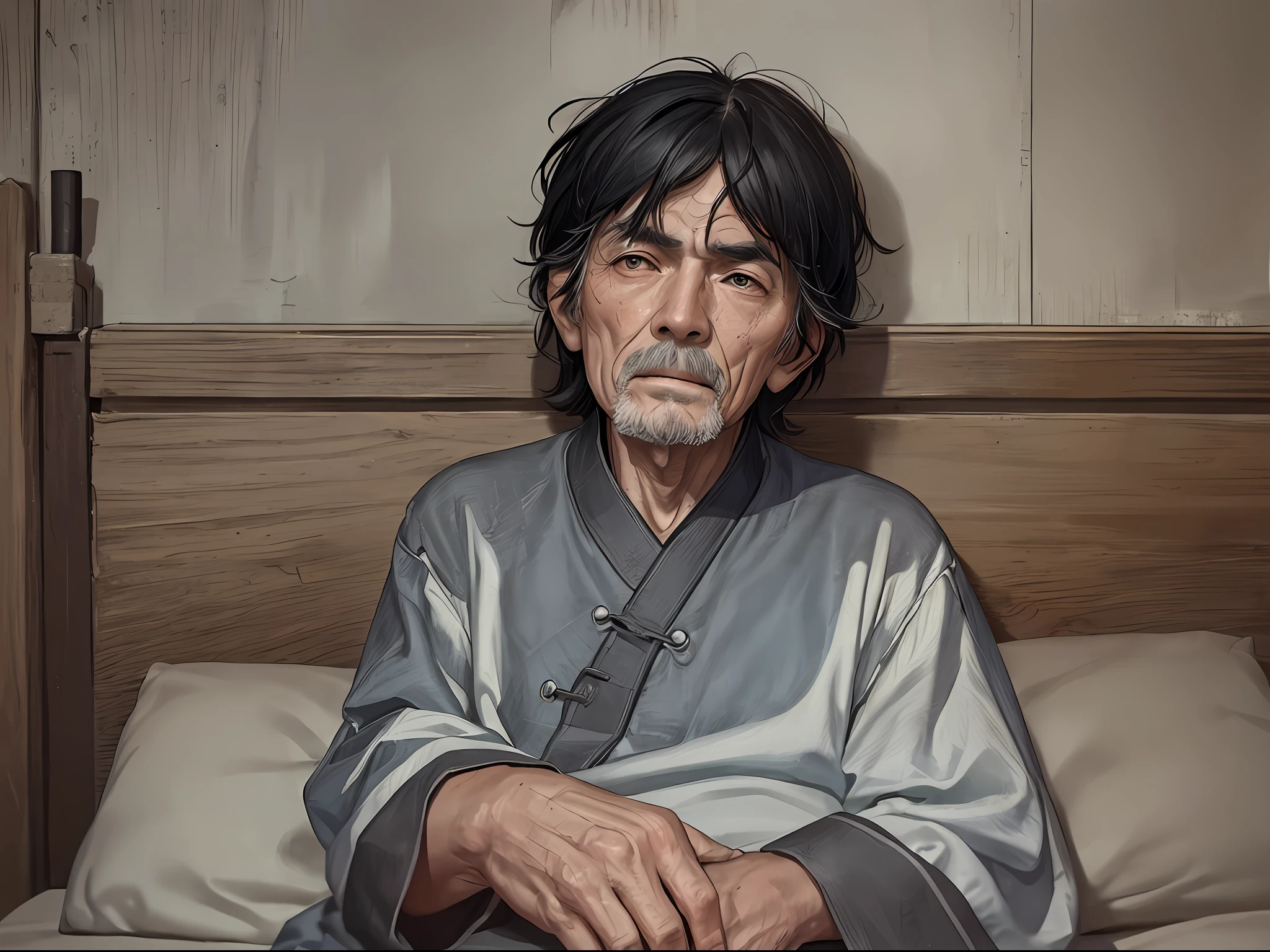 1 old man, thin, sick, weak, lying in bed, shabby, ((ultra-realistic details)), Chinese Republic of China style, panorama, global illumination, clear facial features, short black hair, shabby clothes, sloppy, 8k, a pair of bright eyes