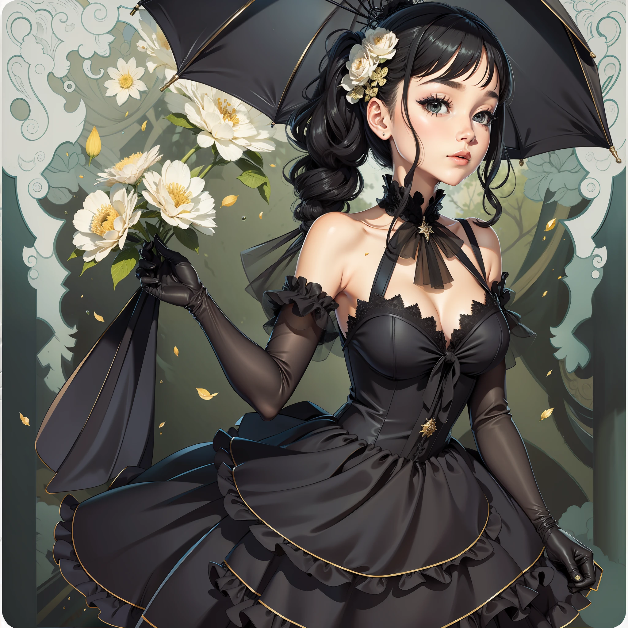 Black dress, tulle gloves, bud-edged parasol