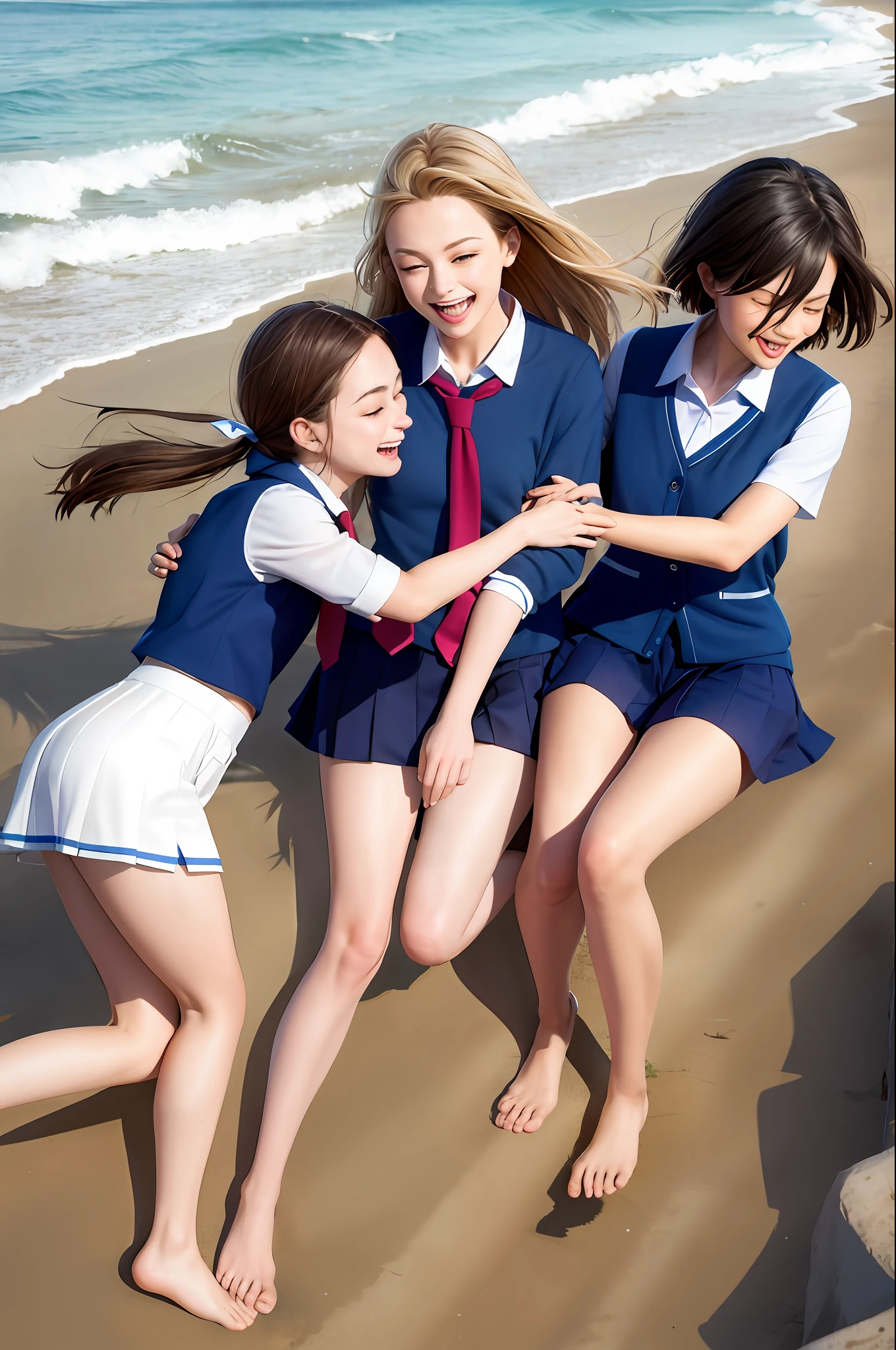 Four people, wearing school uniforms, frolicking and playing by the sea