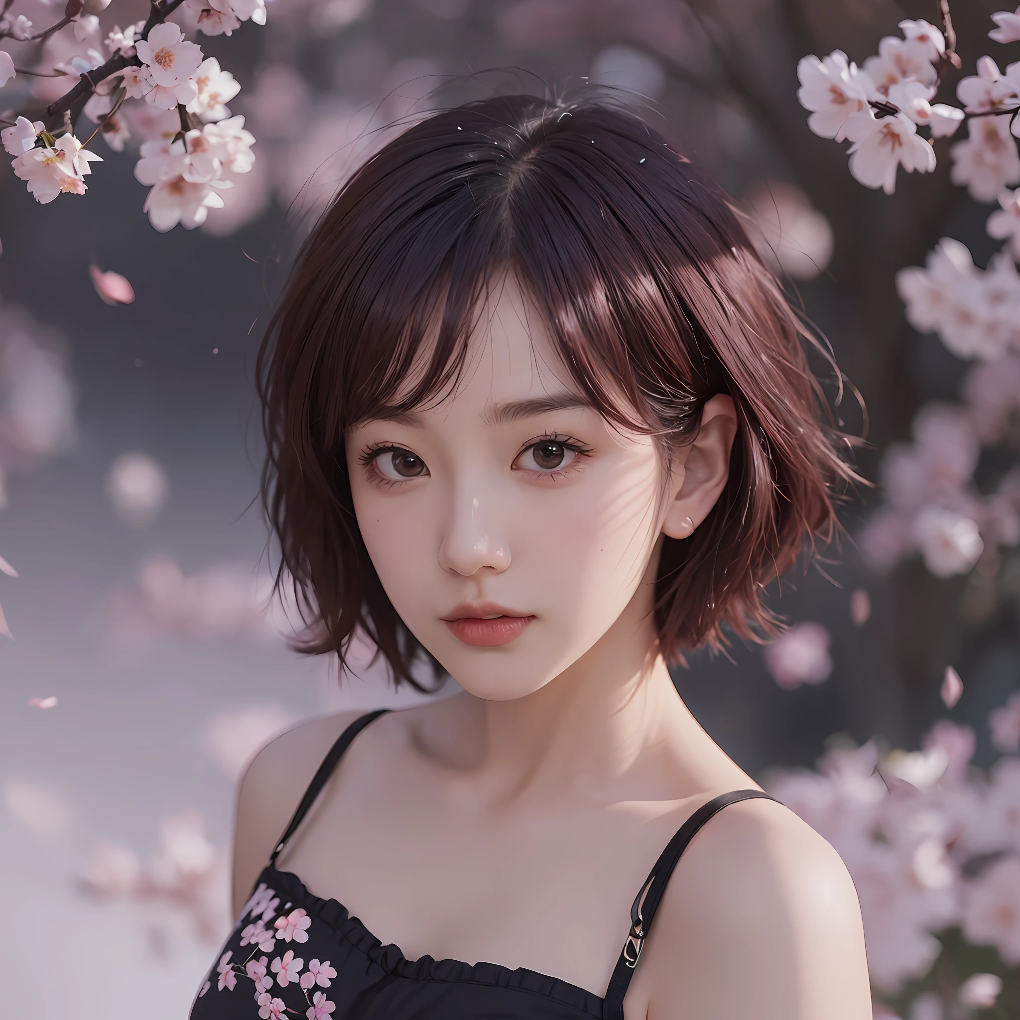 (Photorealistic: 2.0) (RAW Photo: 2.0), Best Quality, Masterpiece, Depth of Field, Photo, Round Face, Hair Color: Burgundy, Short Hair, Cherry Blossom, Moon, Underwear, Low Angle, Nature Background, Night Sky --auto --s2