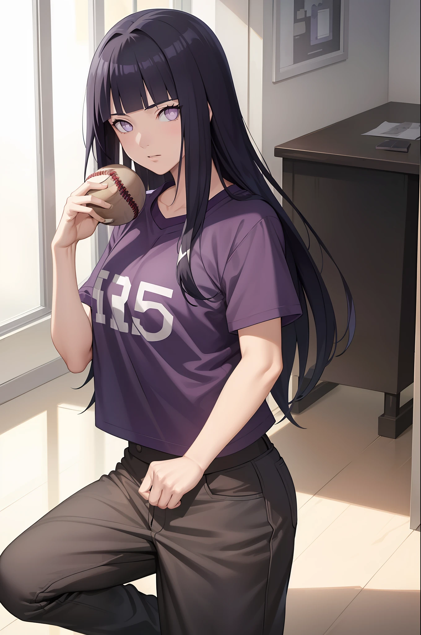 ((masterpiece:1.2, best quality)), hinata/(boruto/),1girl, long hair, dark blue hair, purple eyes, baseball shirt, baseball pants holding a baseball, straight, mature, blunt bangs, medium breast