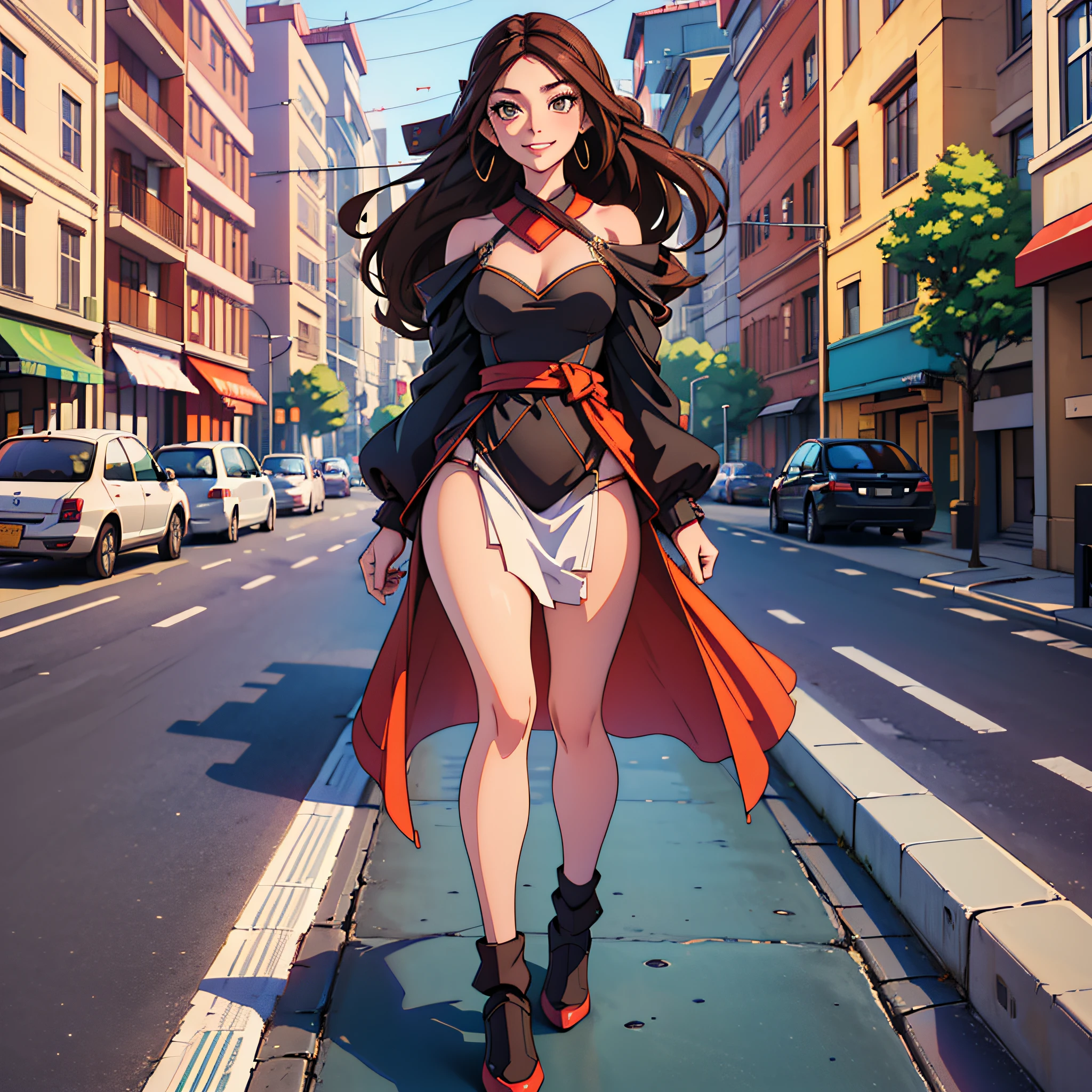 ((Best quality, 8k, Masterpiece :1.3)), 1girl, smiling, full body, slim face, Pretty woman, (Dark brown hair), full length dress :1.1, Ultra-detailed face, Detailed eyes, Double eyelid, blur background, slim face, city, outside, street, --auto --s2