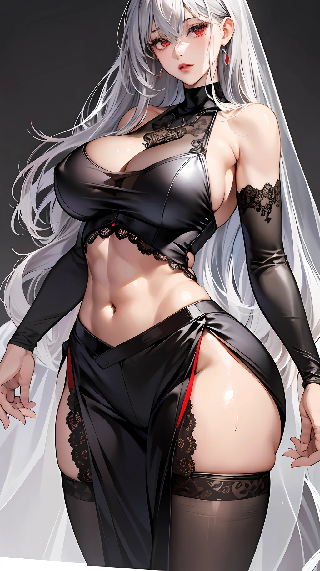 girl, bangs, bare shoulders, black pants, big breasts, breasts squeezed together, gray background, hair between eyes, long hair, lace, pants, parted lips, red eyes, wedding dress, simple background, lace, lace wedding dress, stockings, solo, turtleneck sweater, V-arms, gray hair, (shiny skin), (masterpiece: 1.4), (best quality: 1.4), ,,, Facigirl, red lips, perfect abs, navel, (:1.5), (transparent areola), , huge, sweat, --auto --s2