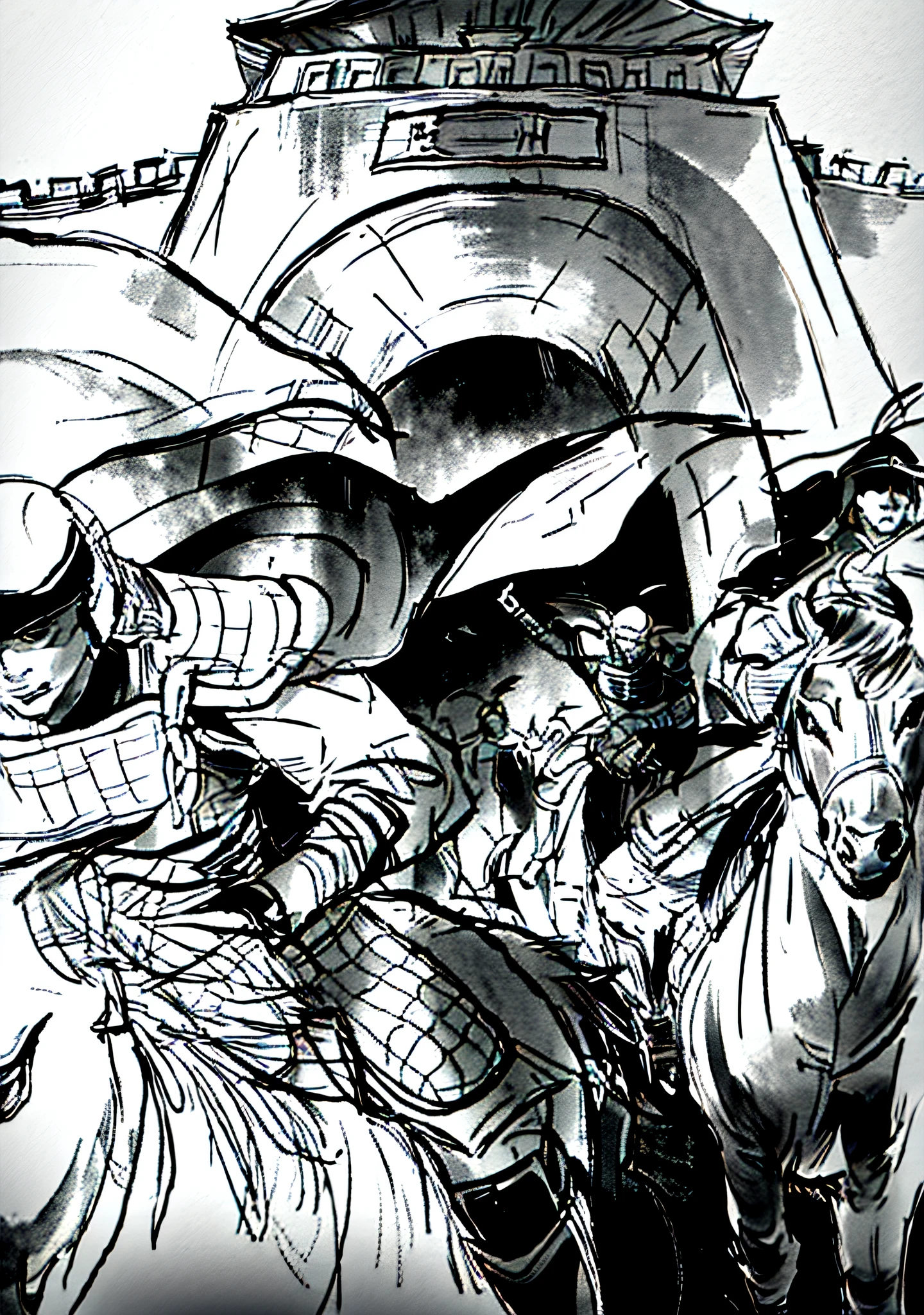 A painting of a group of people riding horses with swords, intense art, concept film, bold art, clean line art, detailed but rough, background: city gate scene, ink outline, clean ink detailed line drawing, detailed pencil, line - art, published concept art, screen tone shadow, comic concept art, ink, full page illustration, black and white color