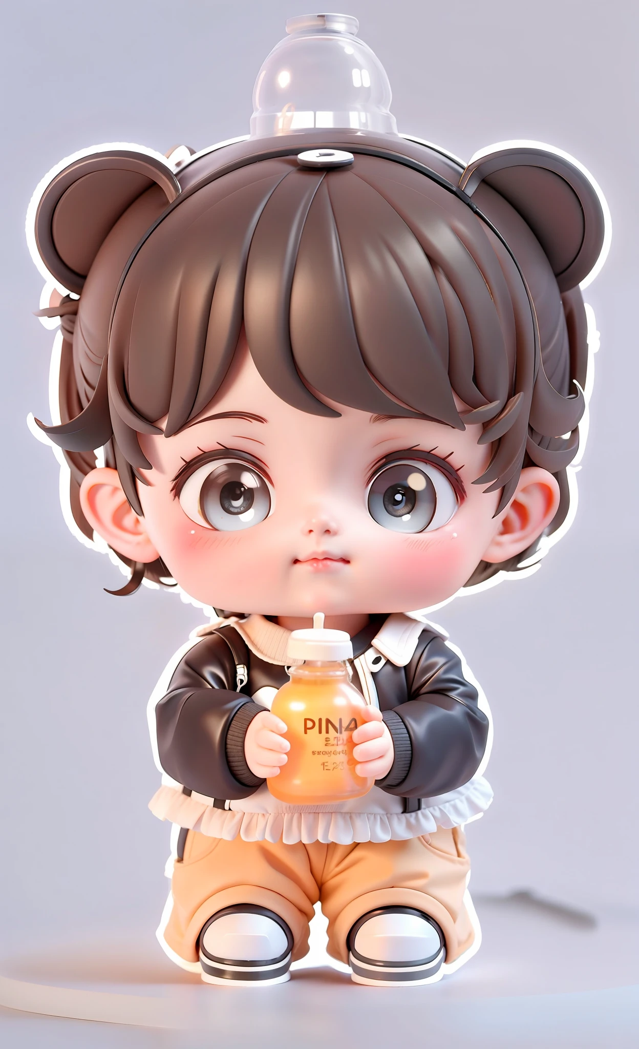 Blind box 3D effect, cute , big watery eyes, bottle in hand, delicate shoes, delicate hair, panda, cute black and white clothes, bamboo, popmart blind box, clay texture, clean background, natural light, best quality, hyper detail, 3d art, c4d, blender, oc renderer, 3d rendering, 8k, watermark -1, stroke -1001