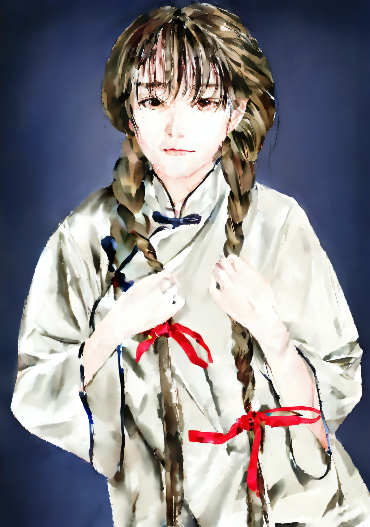 anime girl with long hair and braids tying a tie, inspired by Nishikawa Sukenobu, inspired by Kusumi Morikage, inspired by Tsubasa Nakai, inspired by Ayako Rokkaku, inspired by Kamisaka Sekka, inspired by Yuki Ogura, flowing hair and long robes, inspired by Taiyō Matsumoto