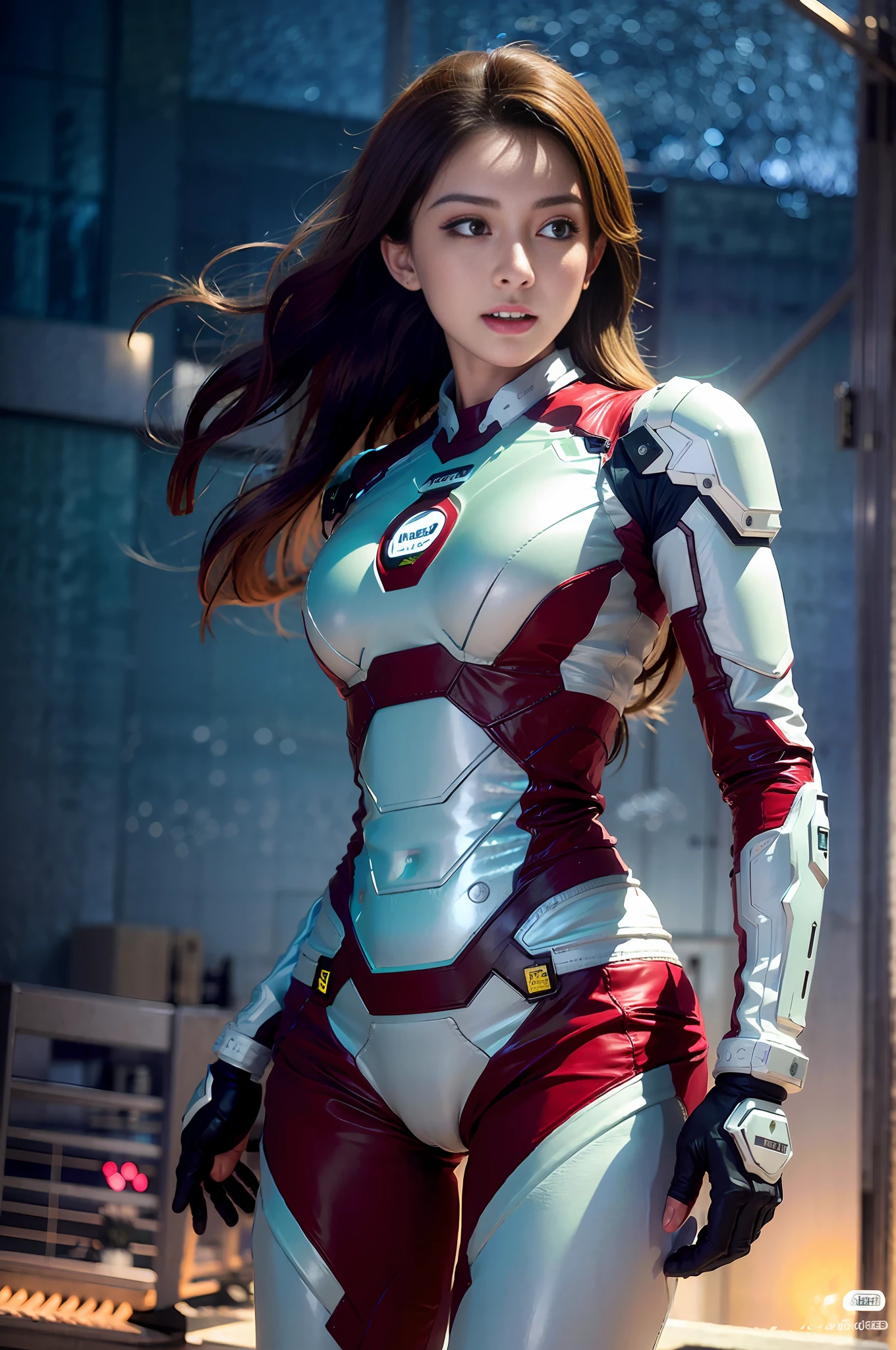 RAW, Masterpiece, Ultra Fine Photo,, Best Quality, Ultra High Resolution, Photorealistic, Sunlight, Full Body Portrait, Stunningly Beautiful,, Dynamic Poses, Delicate Face, Vibrant Eyes, (Side View) , she is wearing a futuristic Iron Man mech, very detailed background, detailed face, detailed busy background, messy, gorgeous, milky, high detailed skin, realistic skin details, visible pores, sharp focus, volume Fog, 8k uhd, dslr, high quality, film grain, fair skin, photorealism, lomography, sprawling metropolis in a futuristic dystopia, view from below, translucent