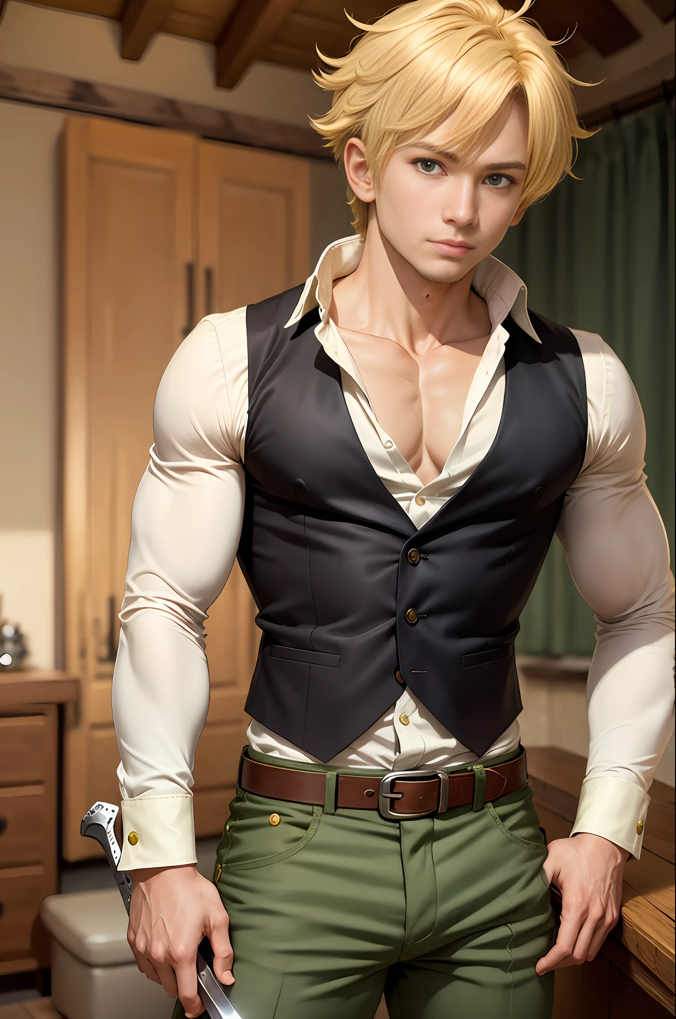 (masterpiece, best quality: 1.2), cowboy shot, solo, male focus, 1boy, meliodas nanatsu no taizai, looking at the viewer, blonde hair, green eyes, white shirt, black vest, pants, sword on the back,
