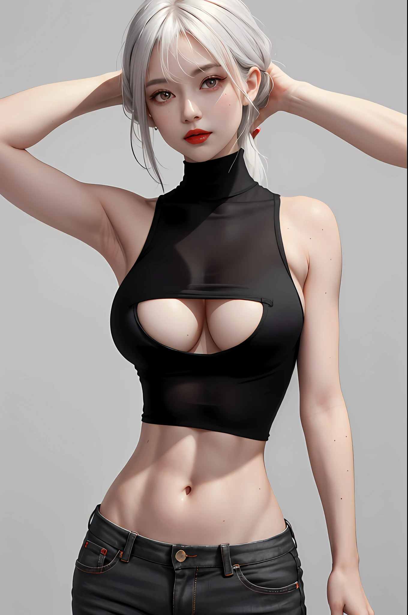 Girls, Bangs, Bare Shoulders, Black Pants, Breasts, Breasts squeezed together, Grey background, Hair between the eyes, Huge breasts, Long hair, View Viewer, Pants, Parted lips, Red eyes, Shirt, Simple background, Sleeveless, Sleeveless shirt, Solo, Turtleneck, V arm, White hair,(Shiny skin),(Masterpiece:1.4),(Best quality:1.4),,Facigirl,Red lips,Perfect abs, belly button, (nipple: 1.5), (sheer areola), nipple, huge, sweat,