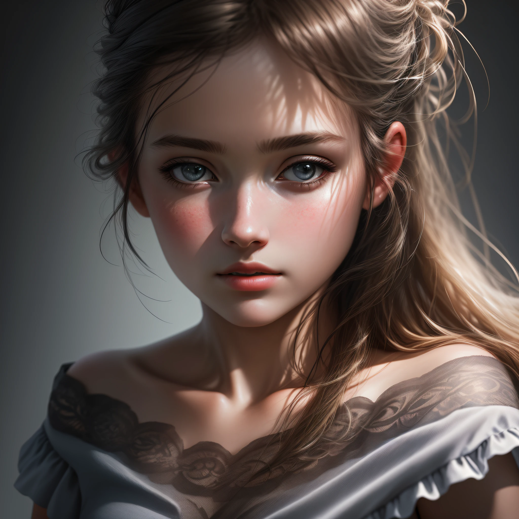 Best quality, masterpiece, ultra high res, (photorealistic:1.4), raw photo, 1girl, offshoulder, in the dark, deep shadow, low key, cold light